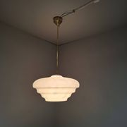 Napako Midcentury Modern Pendant Lamp in Opaline Glass and Brass, Czechoslovakia