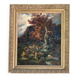 Old painting - The shepherd and his sheep - gilded frame
