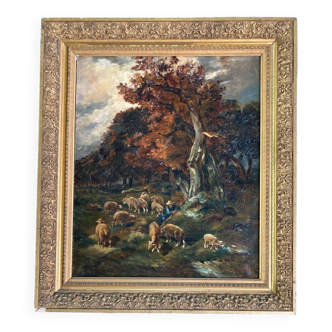 Old painting - The shepherd and his sheep - gilded frame