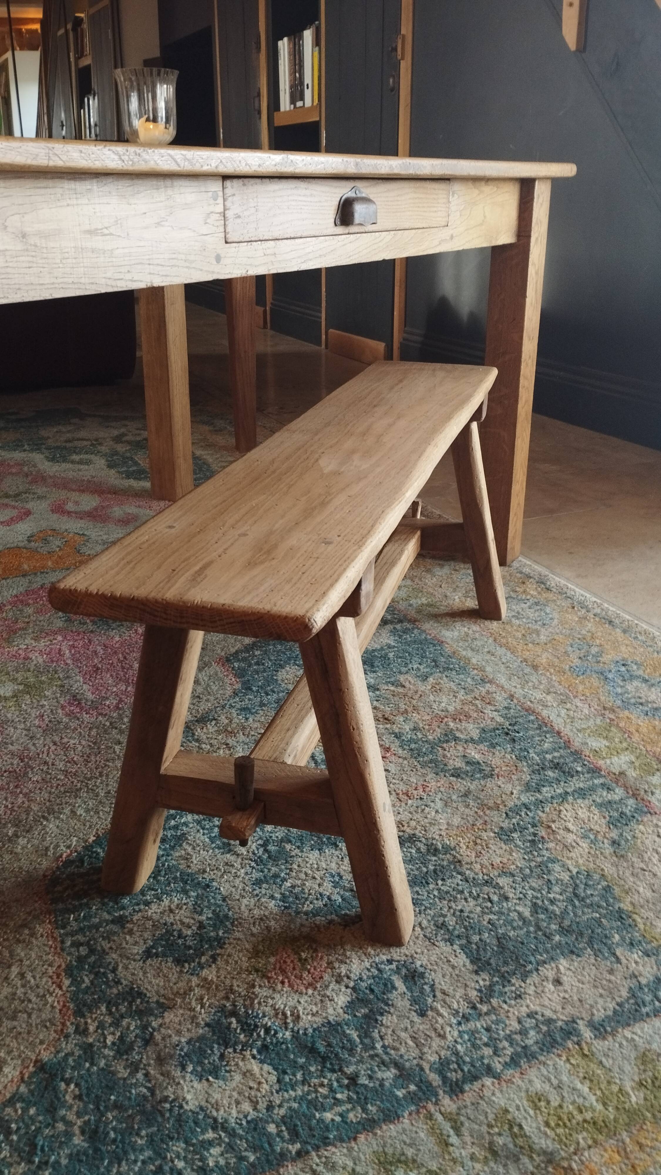 "A frame" bench in solid oak, patinated.