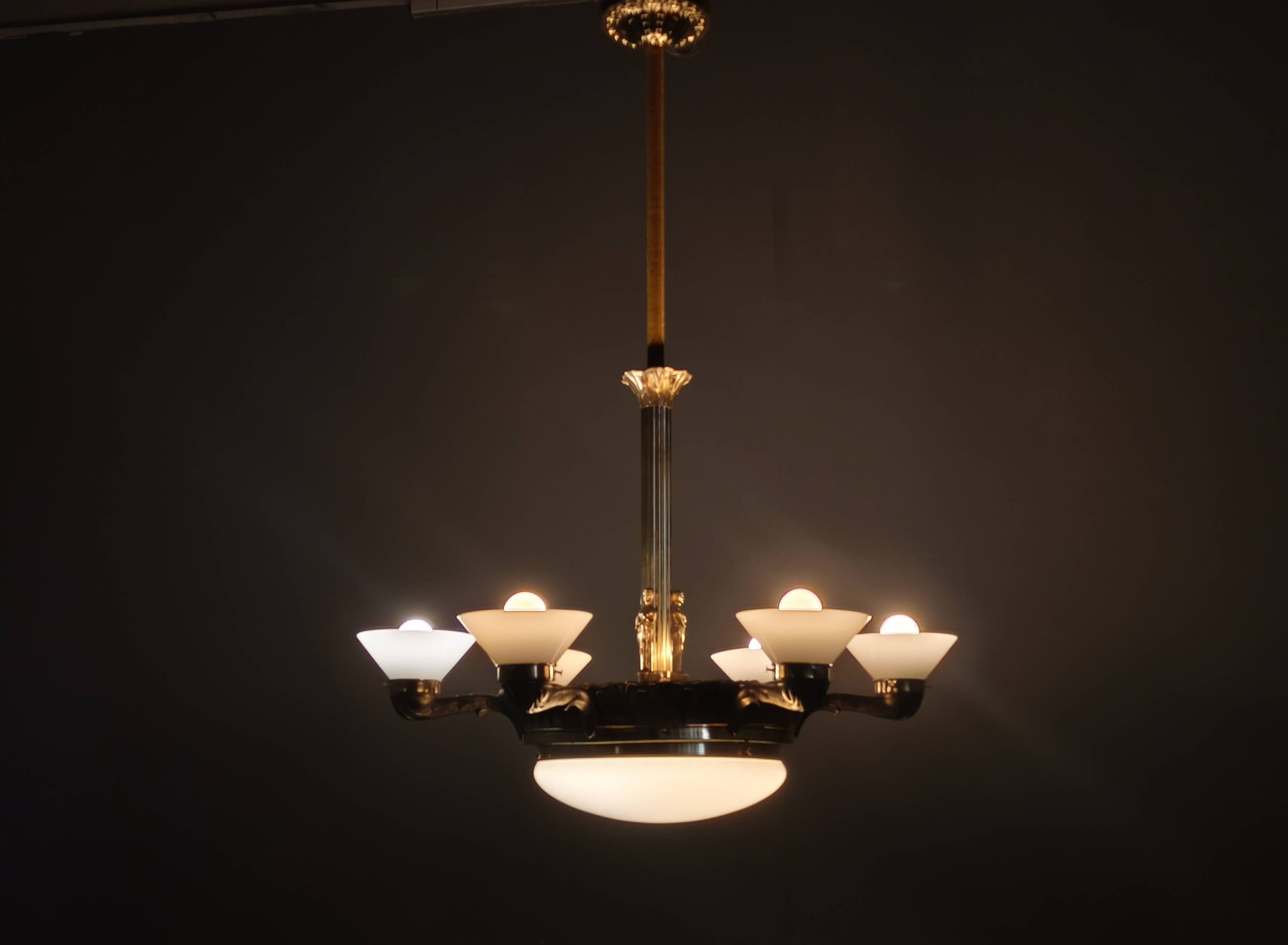 Art Deco chandelier with glass shade, Czechoslovakia, 1930s