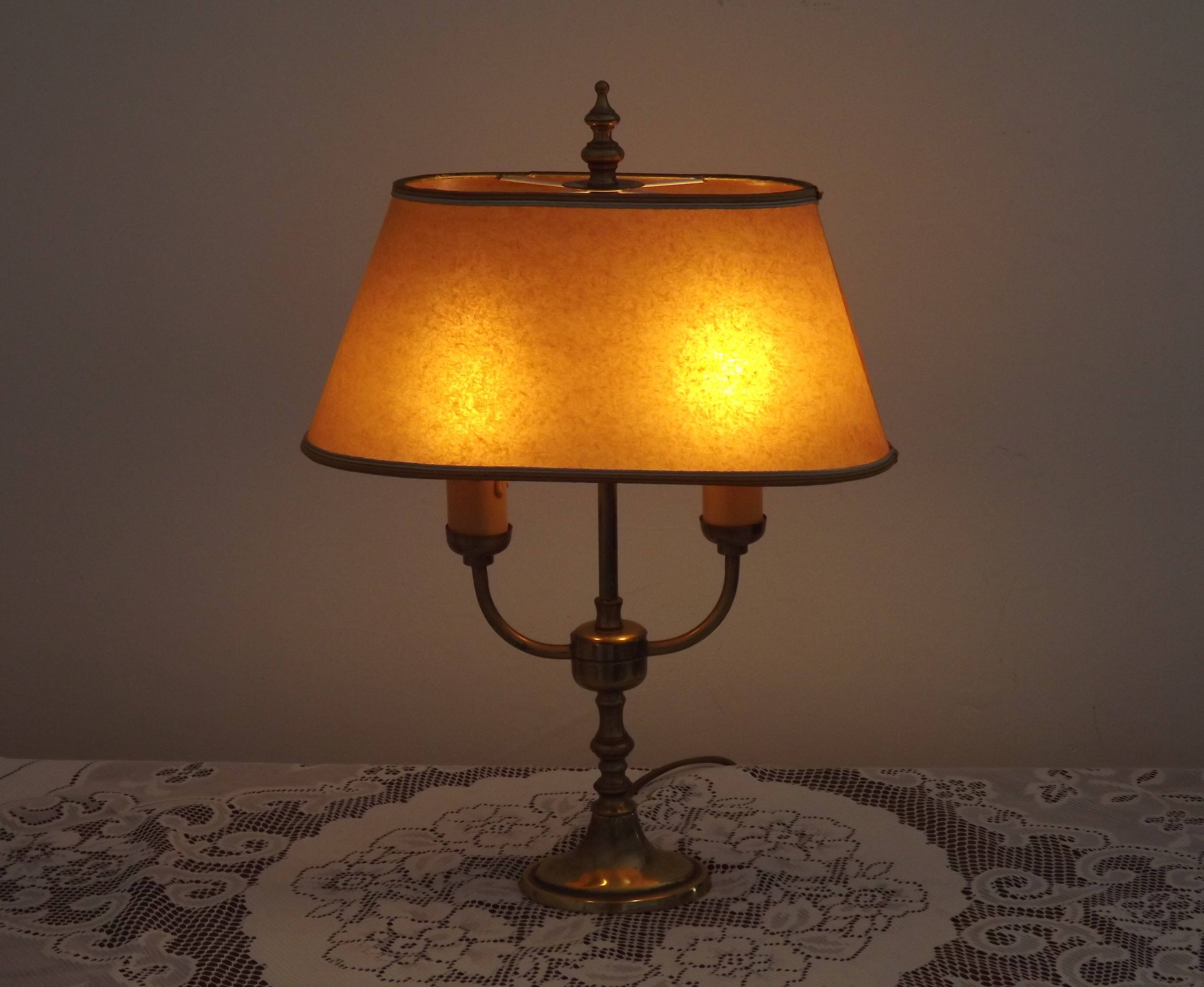 French Mid Century Brass Boulotte 2 Light Table Lamp Brown Shade