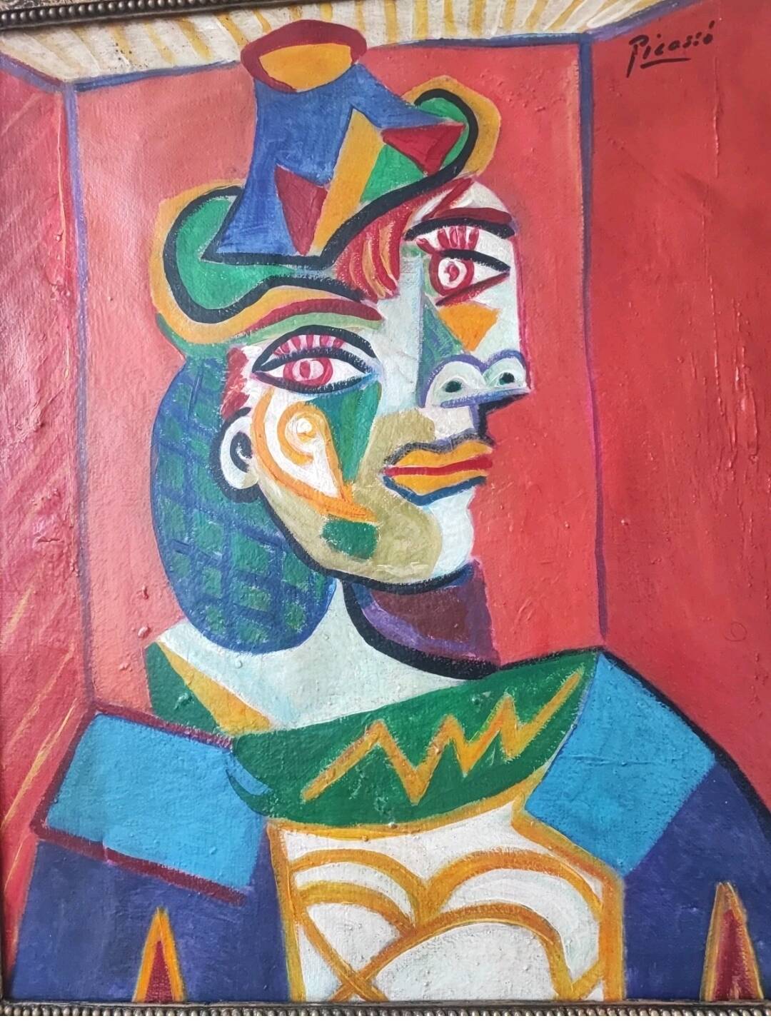 Portrait cubiste vintage d'une femme au chapeau, huile sur toile, rue Picasso