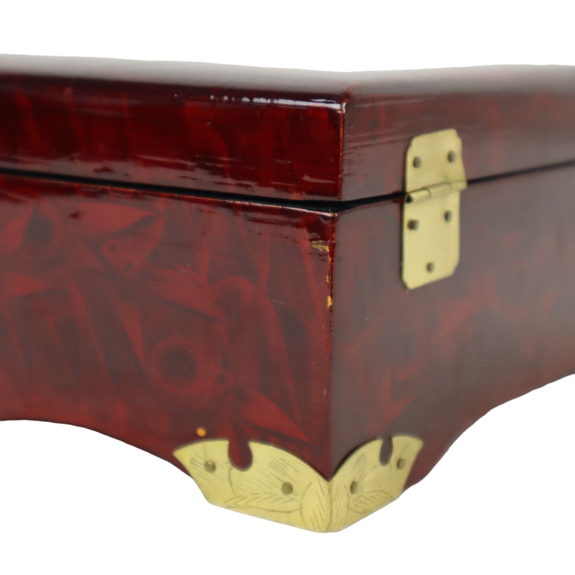 Vintage chinese wooden jewelery box jewelery red lining copper 20cm