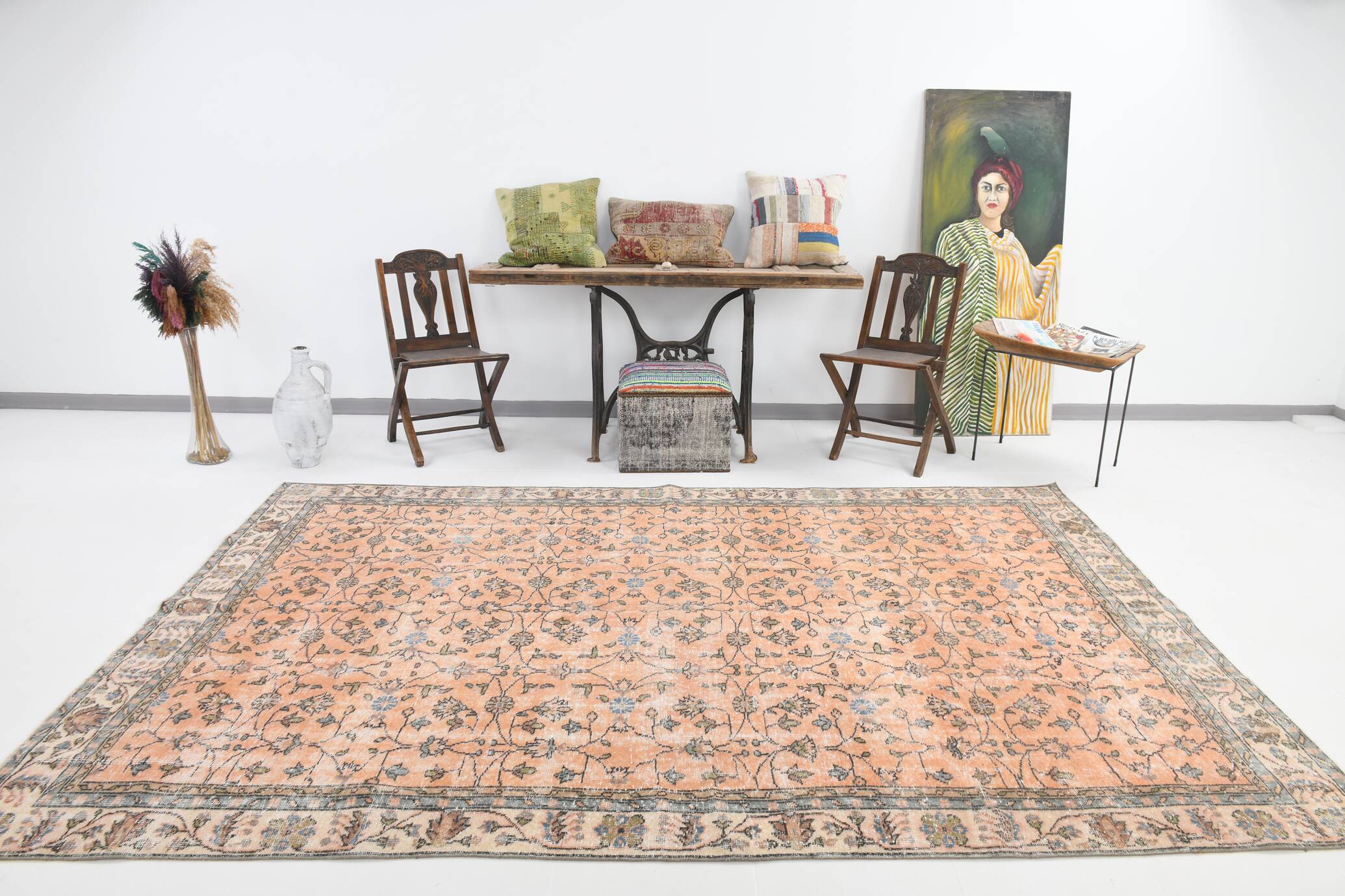 7x10 Soft Pastel Orange Handmade Floral Turkish Vintage Rug