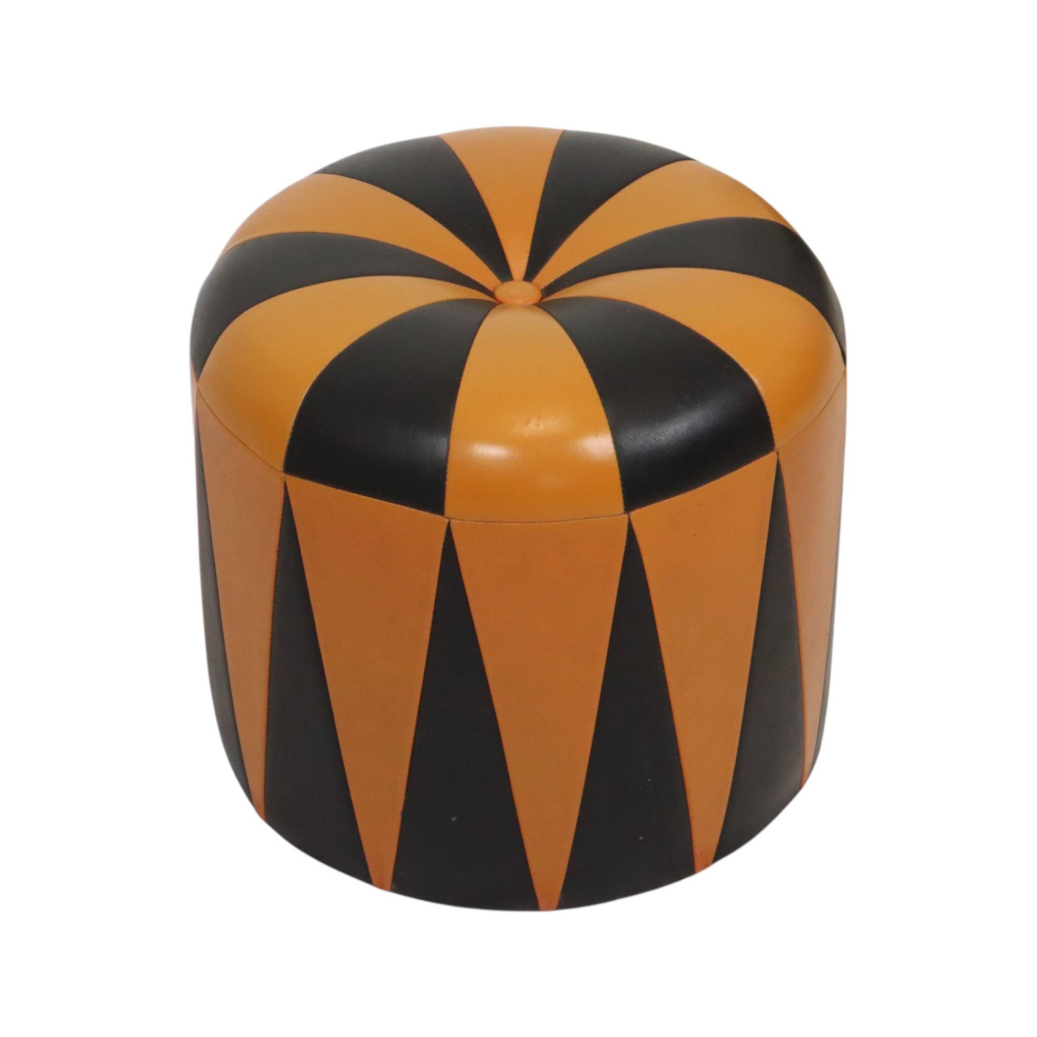 Round Vintage Pouf, Orange and Black Faux Leather (Skai), 1960s