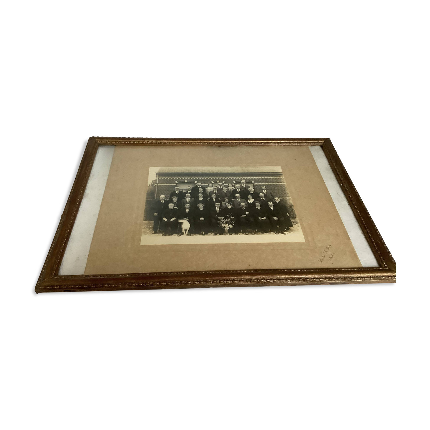 Old photograph of a newlywed couple with a dog