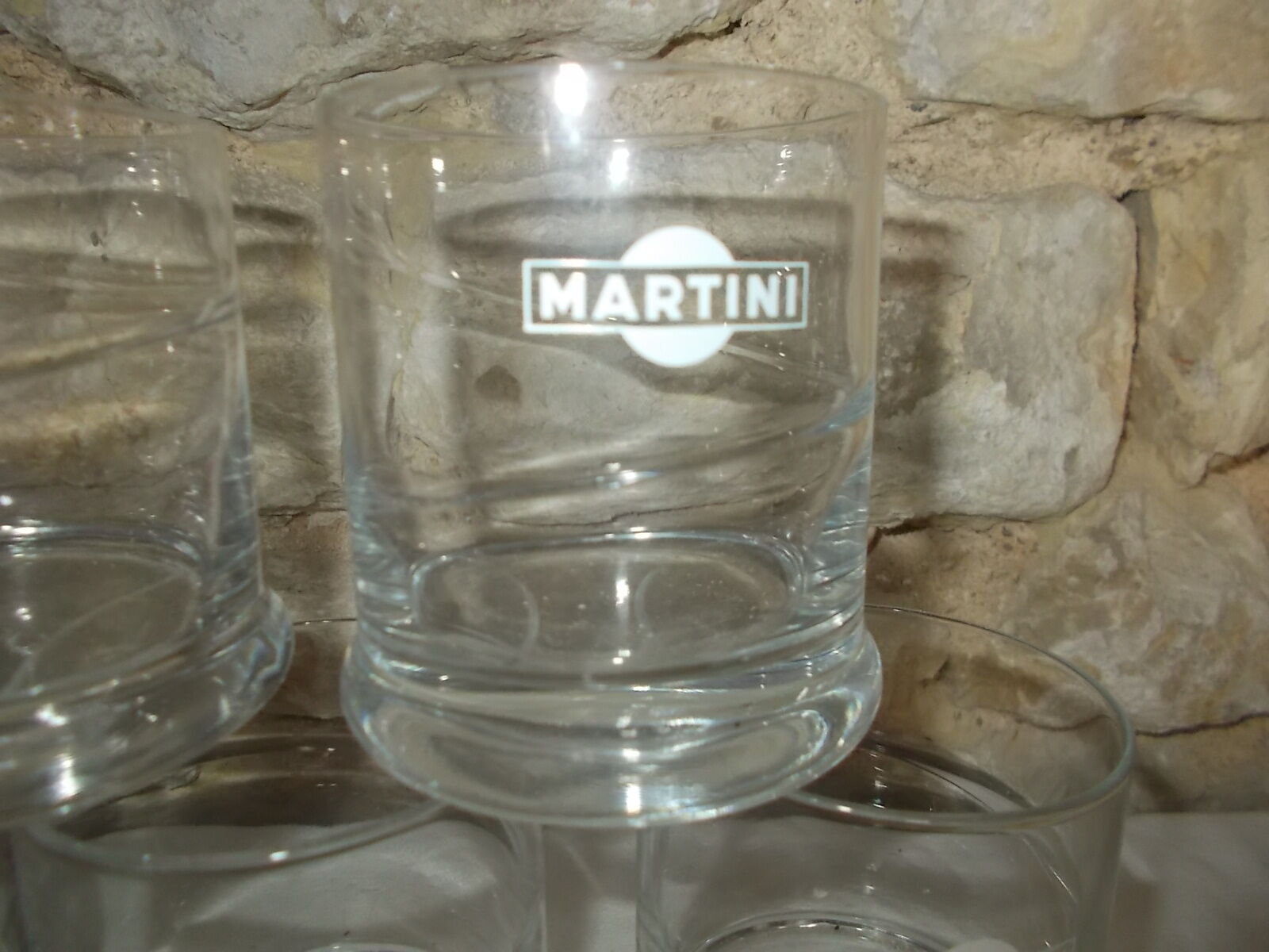 Lot of 5 bistro advertising martini glasses.