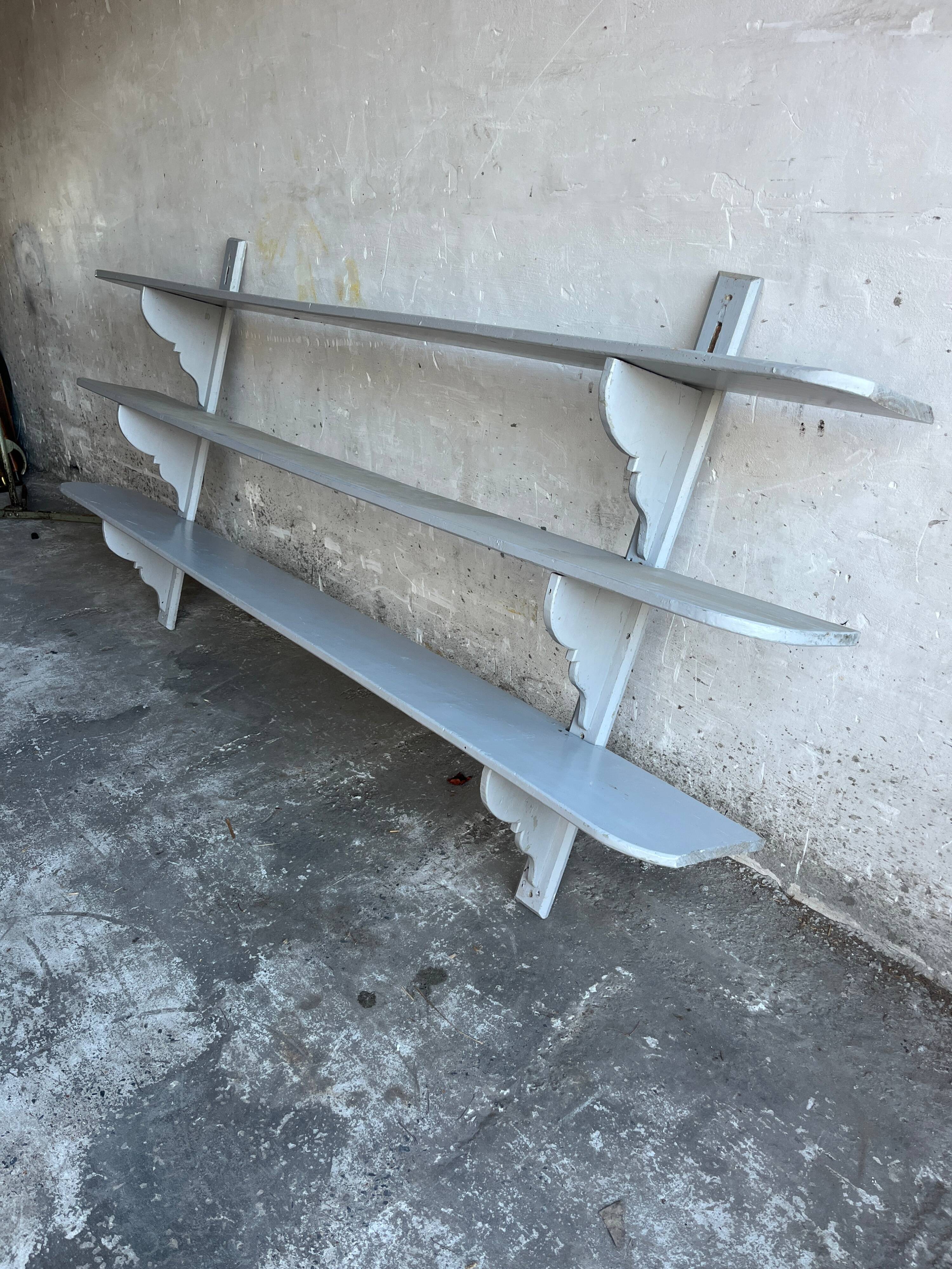 XL Antique French Wall Rack — Painted Grey Solid Wood, 3-Tier 249cm Industrial Farmhouse Shelf