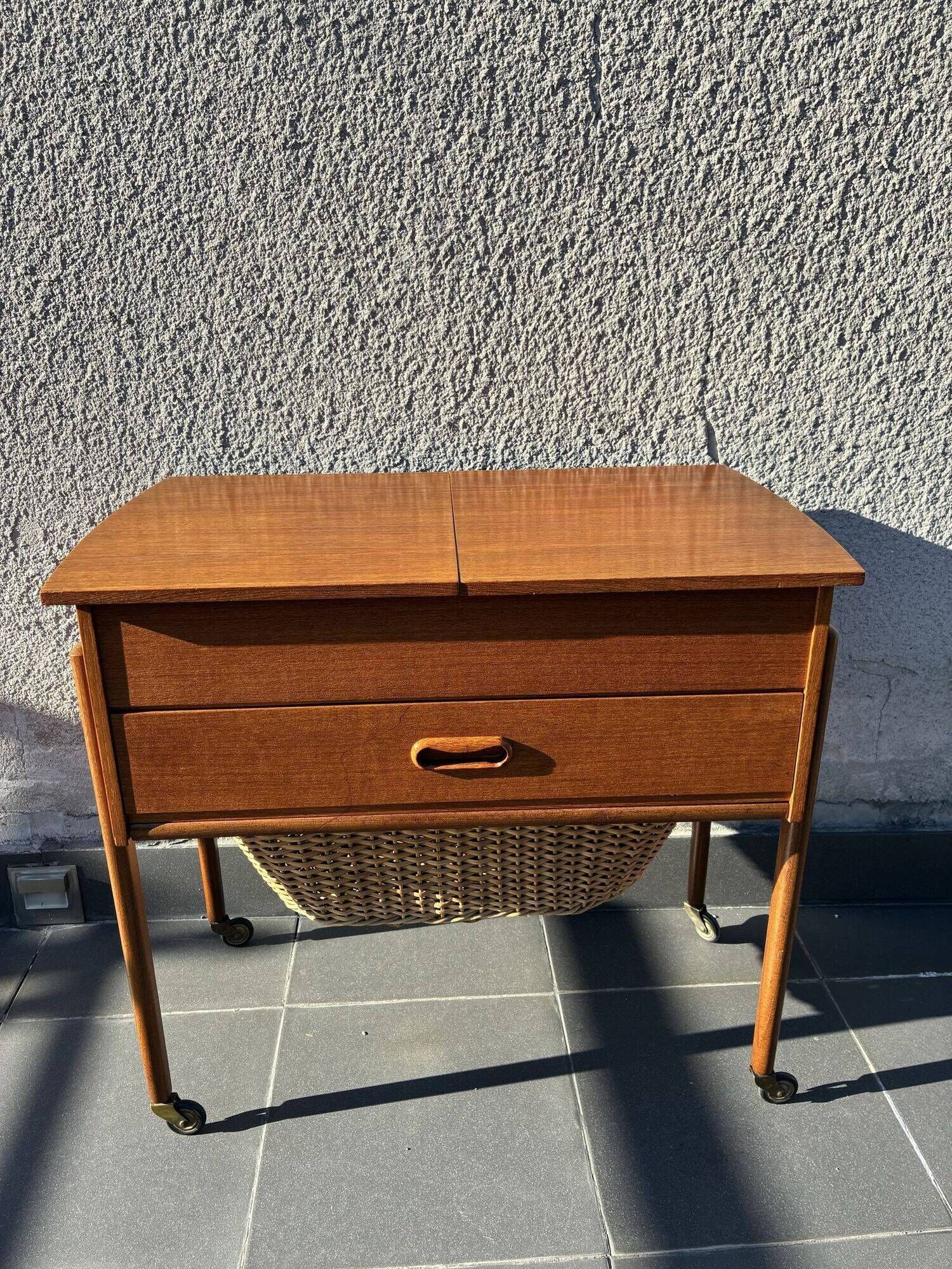 Danish teak sewing table with wicker basket, 1960s