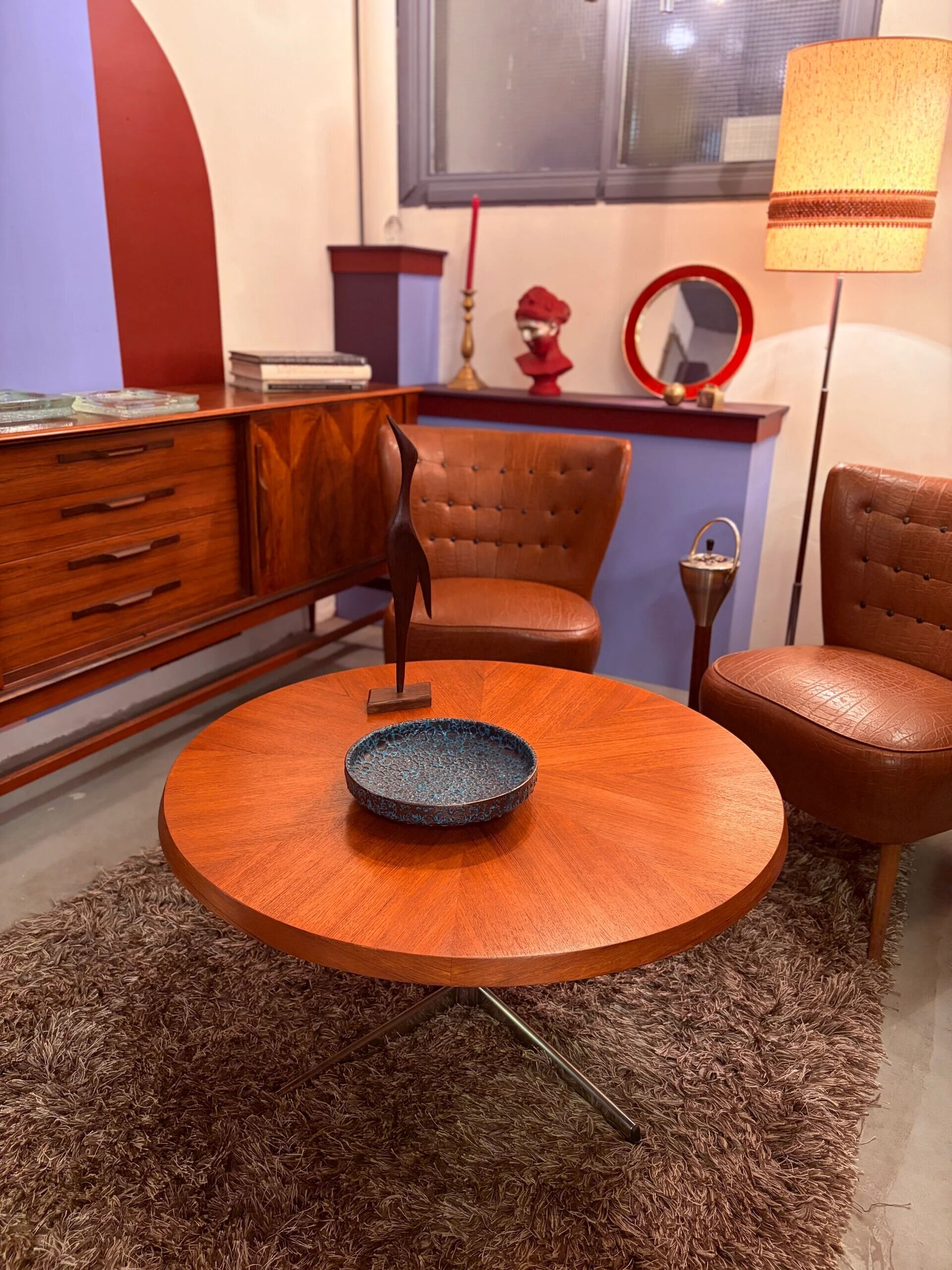 Table basse Sunburst en placage de teck, milieu du siècle
