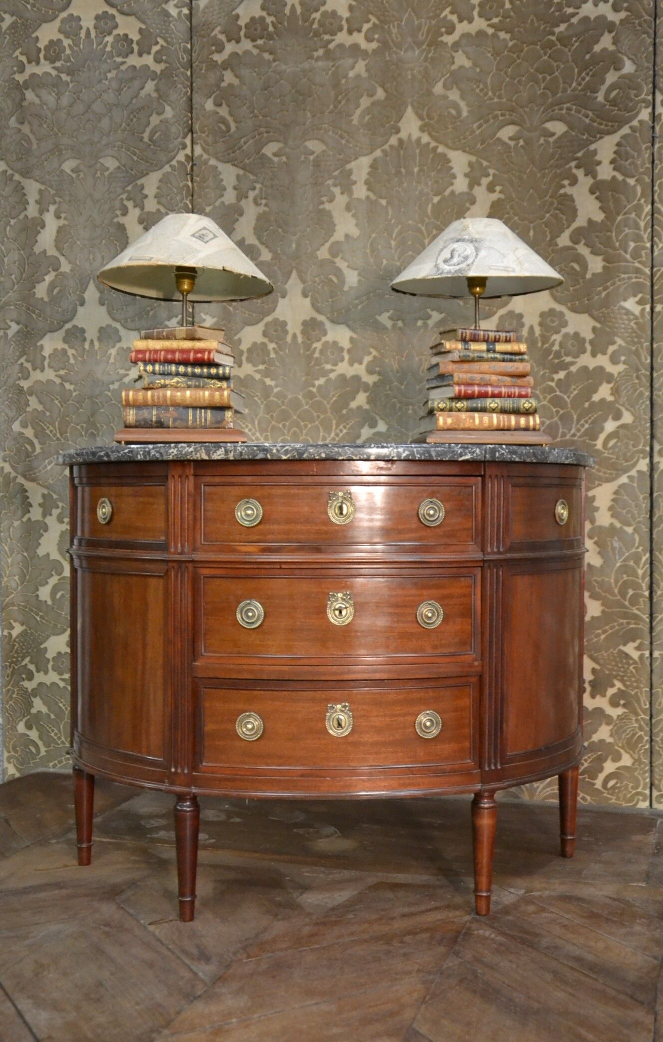 Louis XVI-style half-moon mahogany chest of drawers