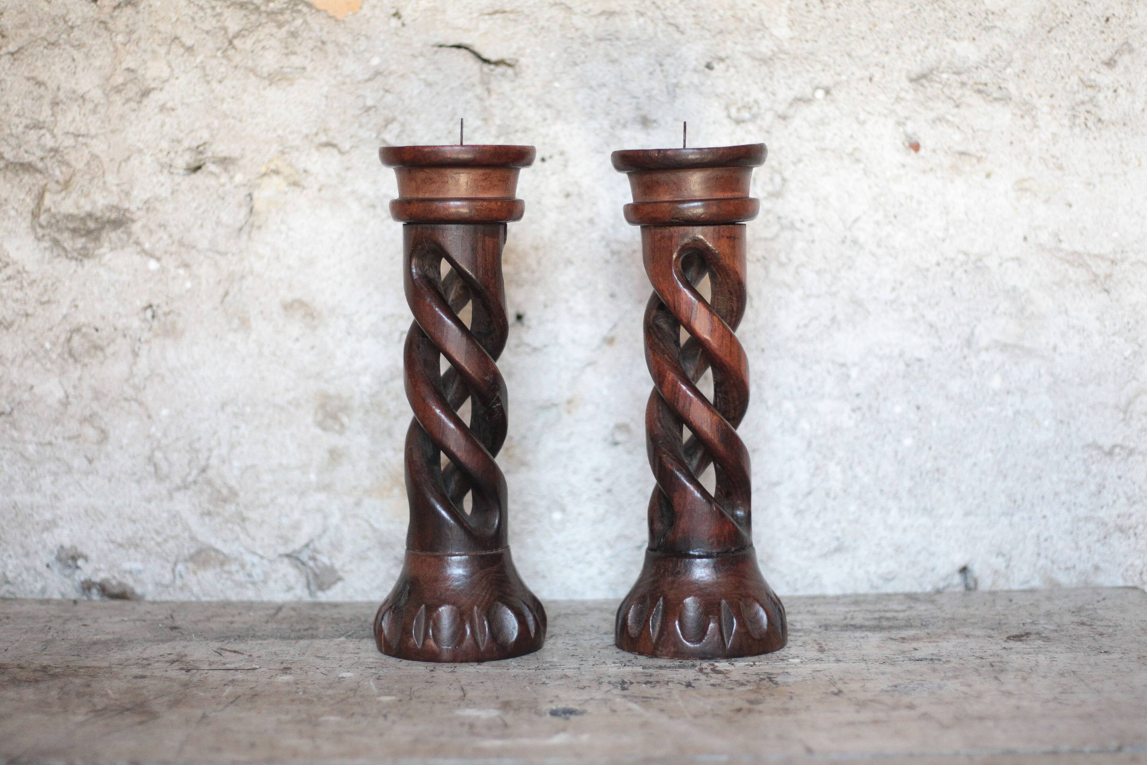 Pair of brutalist wooden candle holders, vintage wooden candle holder, decor