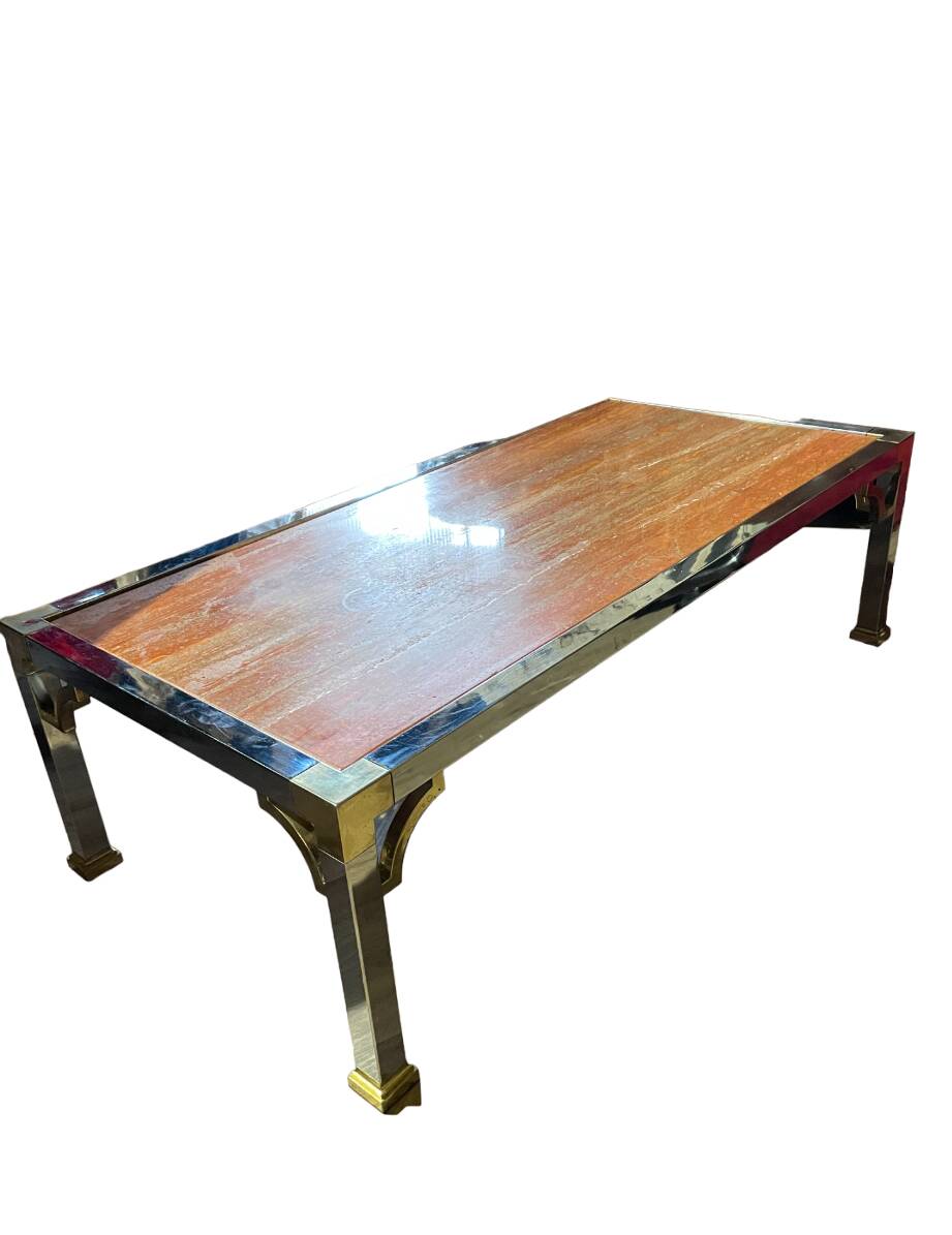 Vintage coffee table chrome steel and brass marble top Italy circa 1970