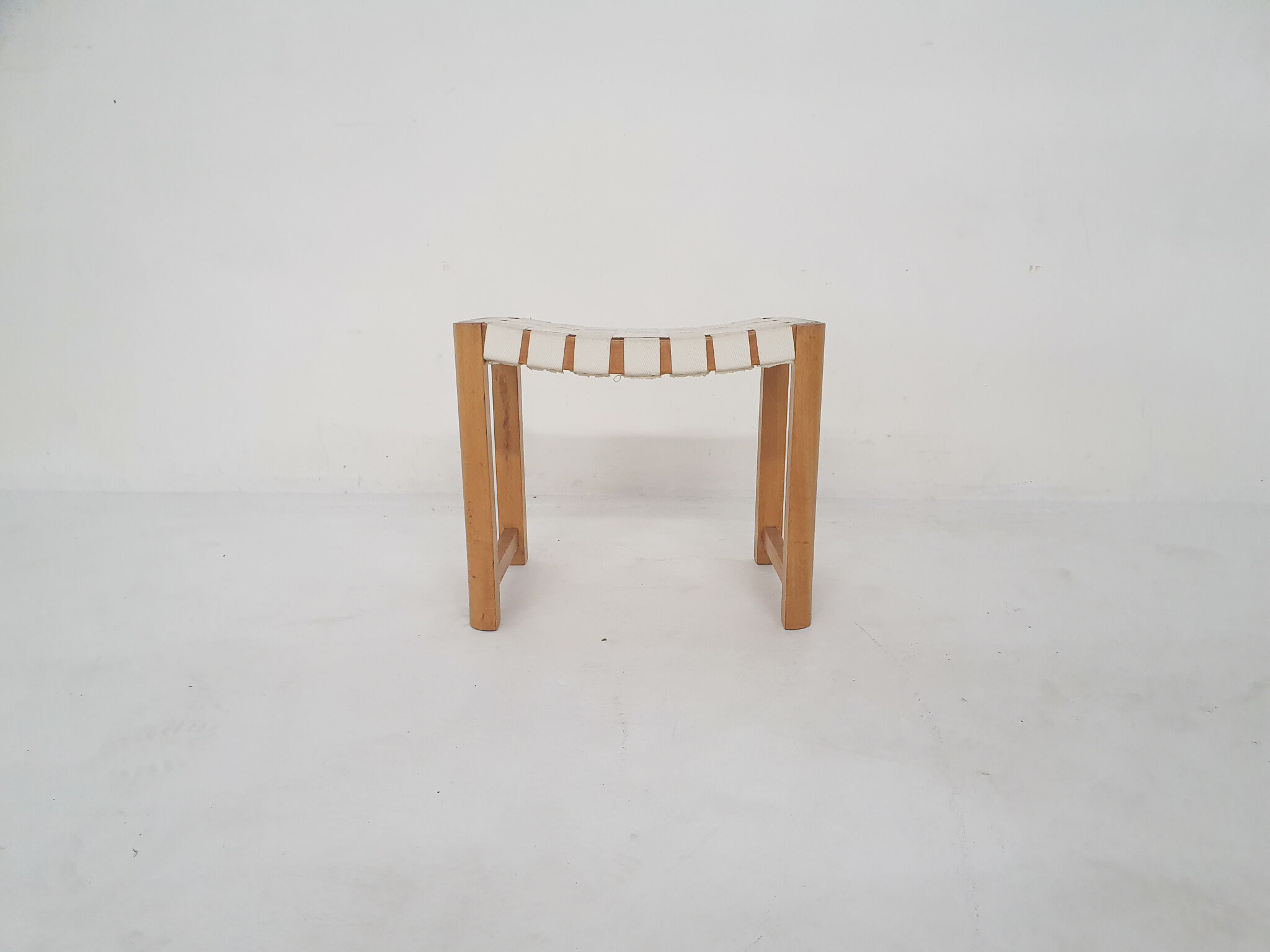 Scandinavian modern wooden stool with white bands, 1970's