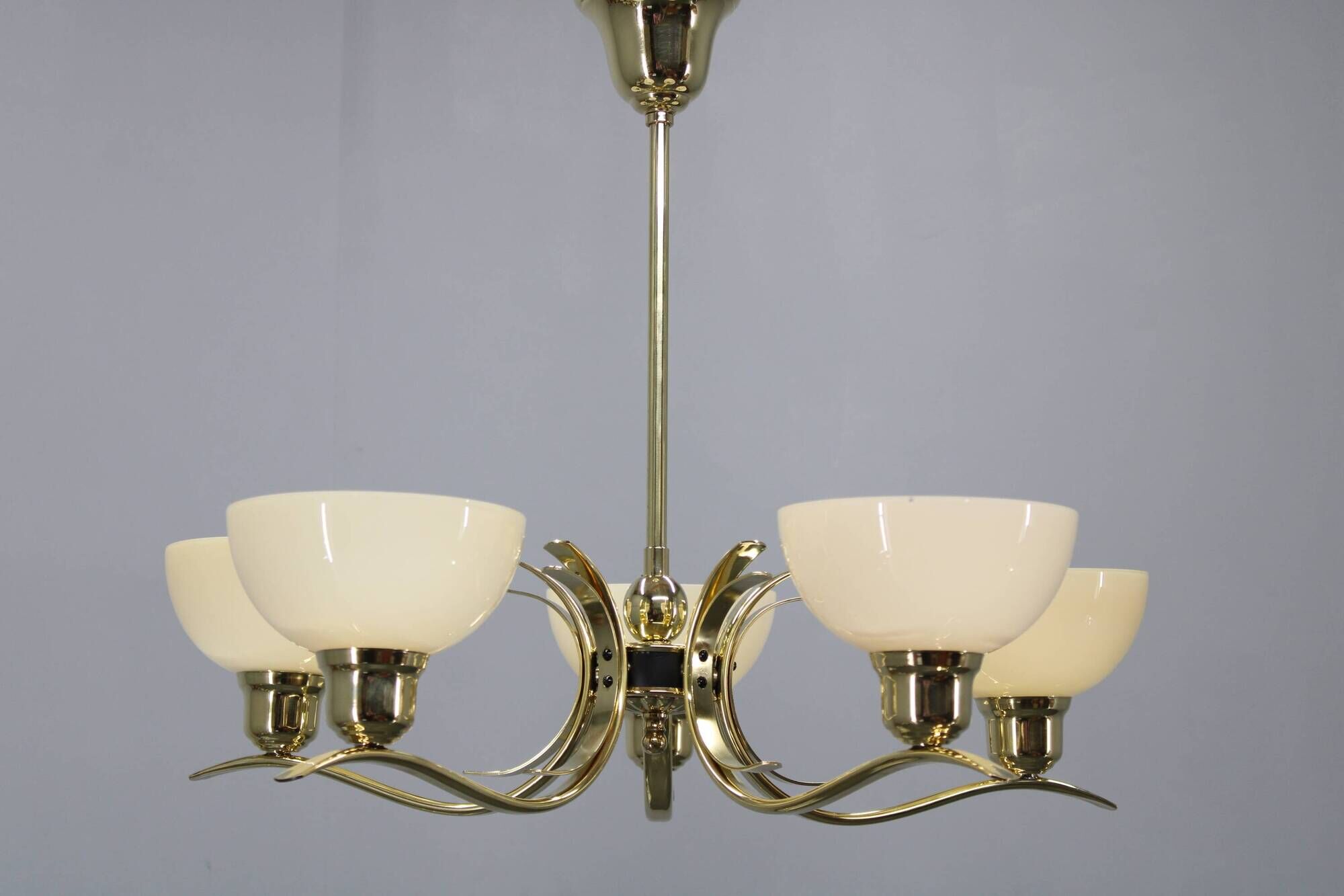 Art Deco brass chandelier with cream opaline glass, Czechoslovakia 1930s