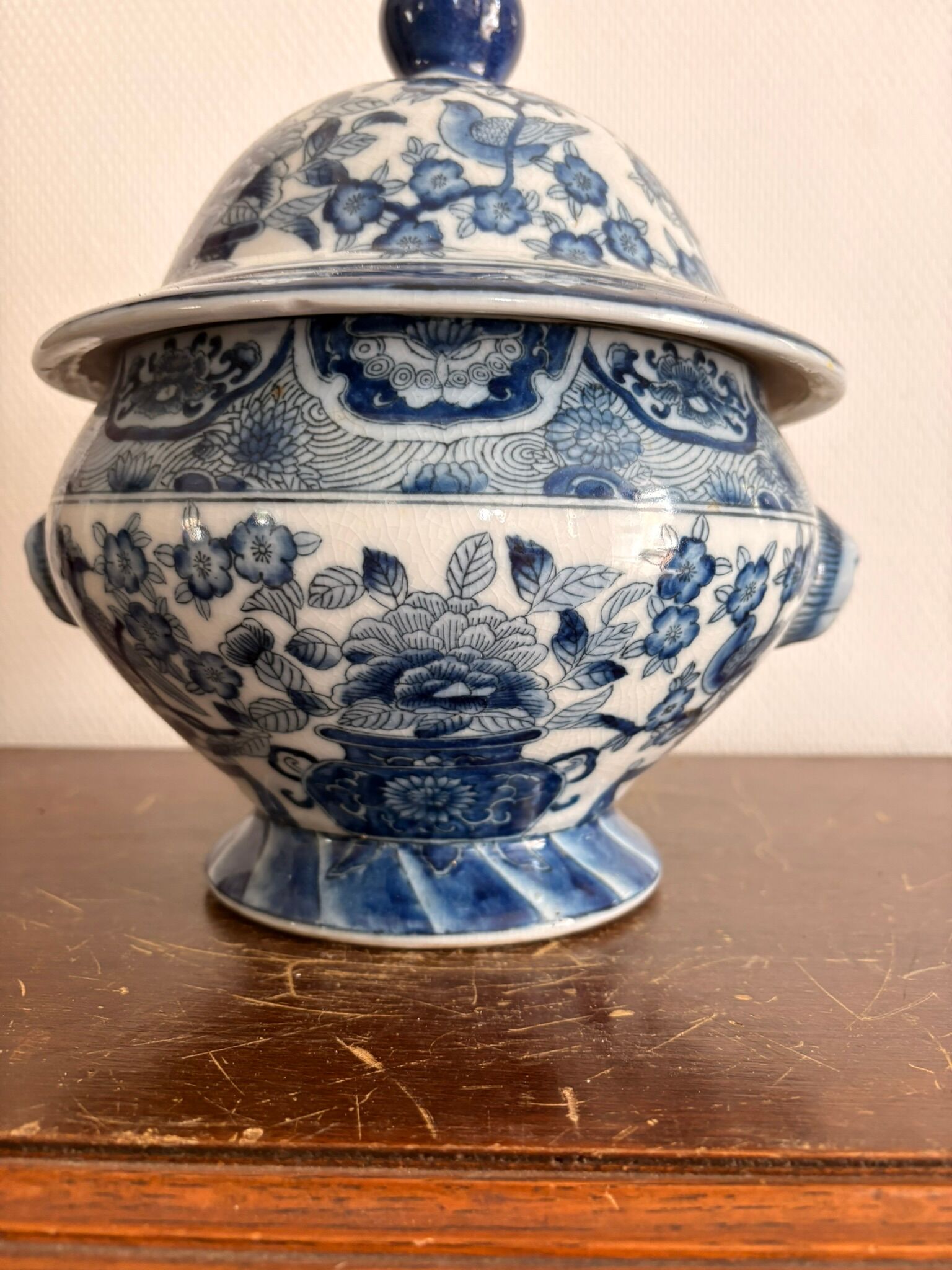 Antique Chinese Soup Tureen Porcelain Blue Bird Flower Decor Republic Period