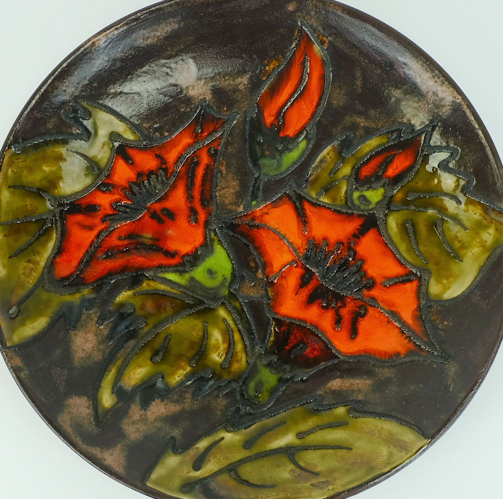 Vintage Ruscha 70s wall plate decor orange flowers fat lava glaze