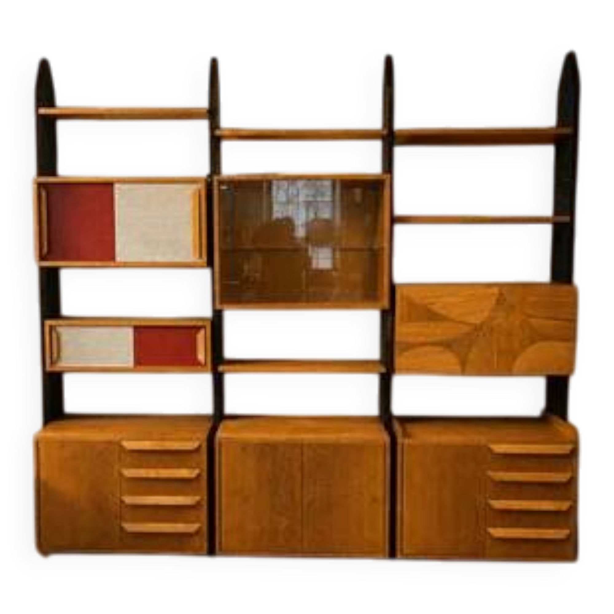 Meuble mural modulaire tchécoslovaque vintage avec armoires en placage et supports en bois noir, années 1960–1970