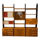 Meuble mural modulaire tchécoslovaque vintage avec armoires en placage et supports en bois noir, années 1960–1970