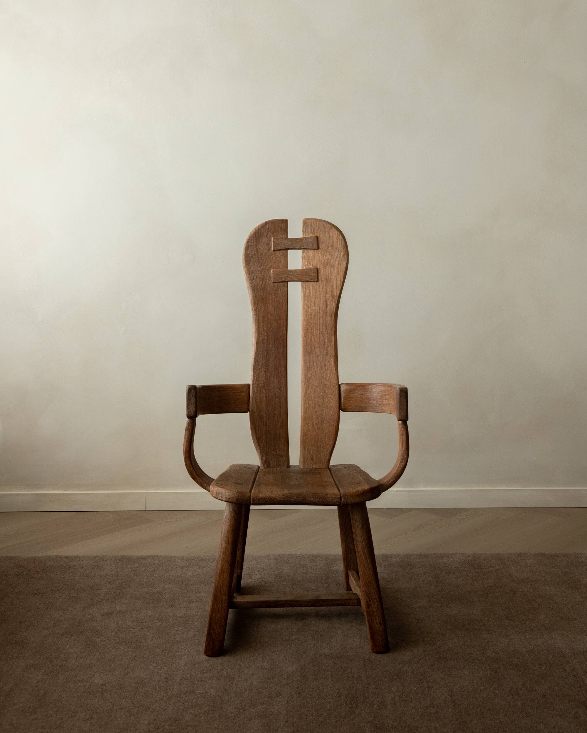 Brutalist Oak Armchair with Sculptural High Back by De Puydt, 1960s