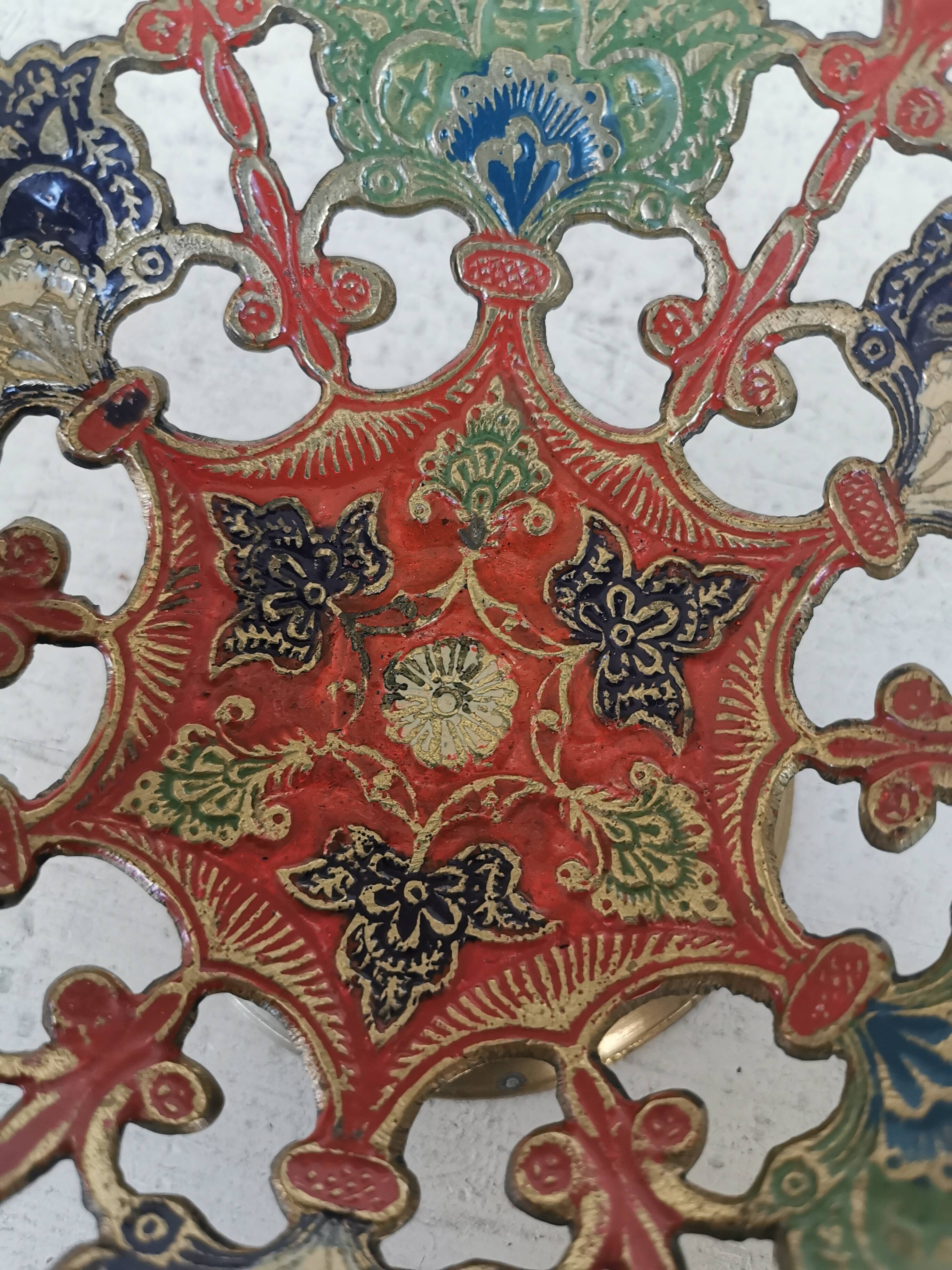 Vintage Brass Pedestal Bowl: Floral Motif, Red Blue Green Painted