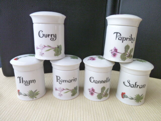 Series of 6 porcelain spice pots from Berry Lourioux