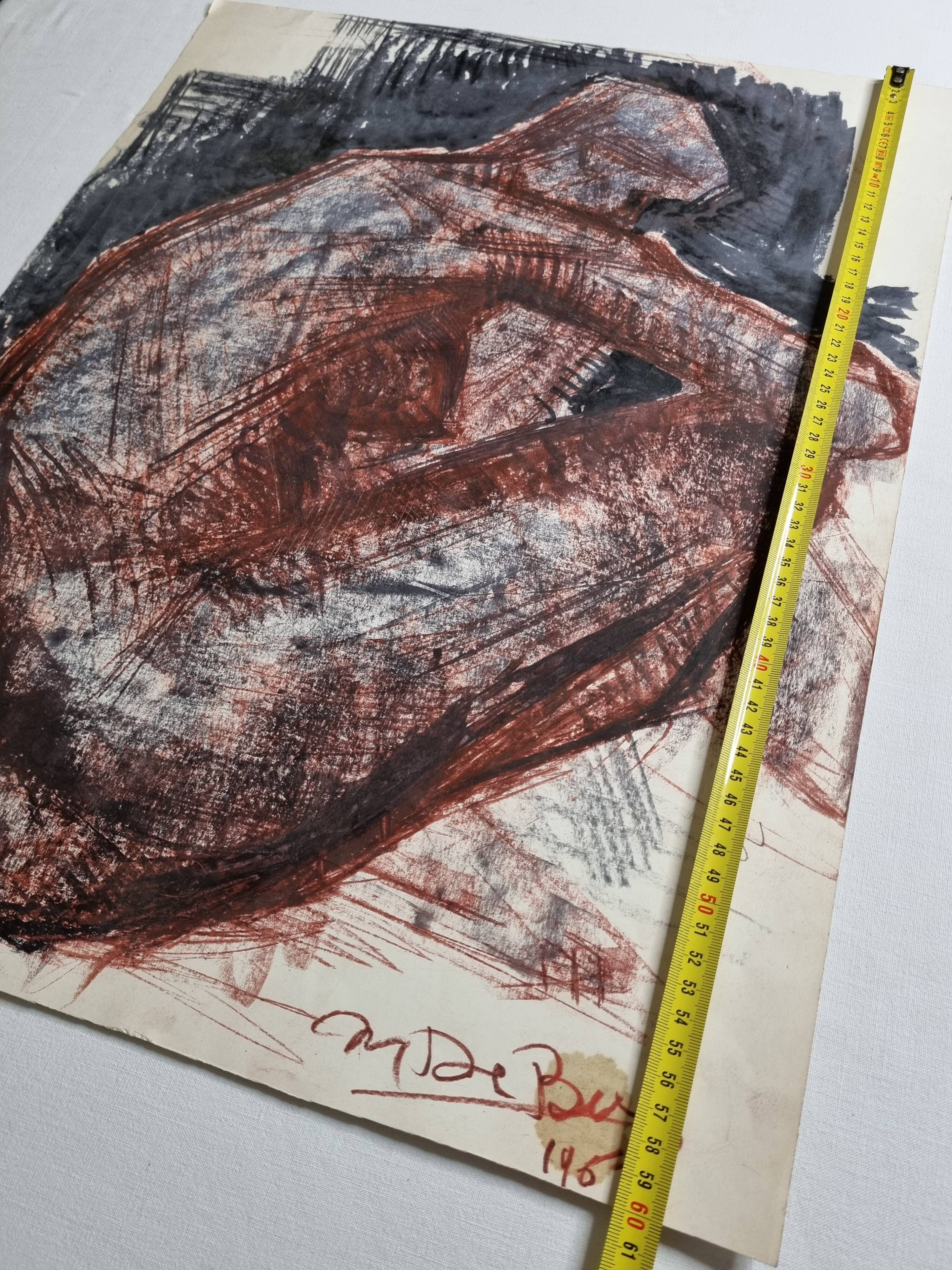 Charcoal and red chalk nude study signed by Maurice de Bus, 1960, 47 x 60 cm
