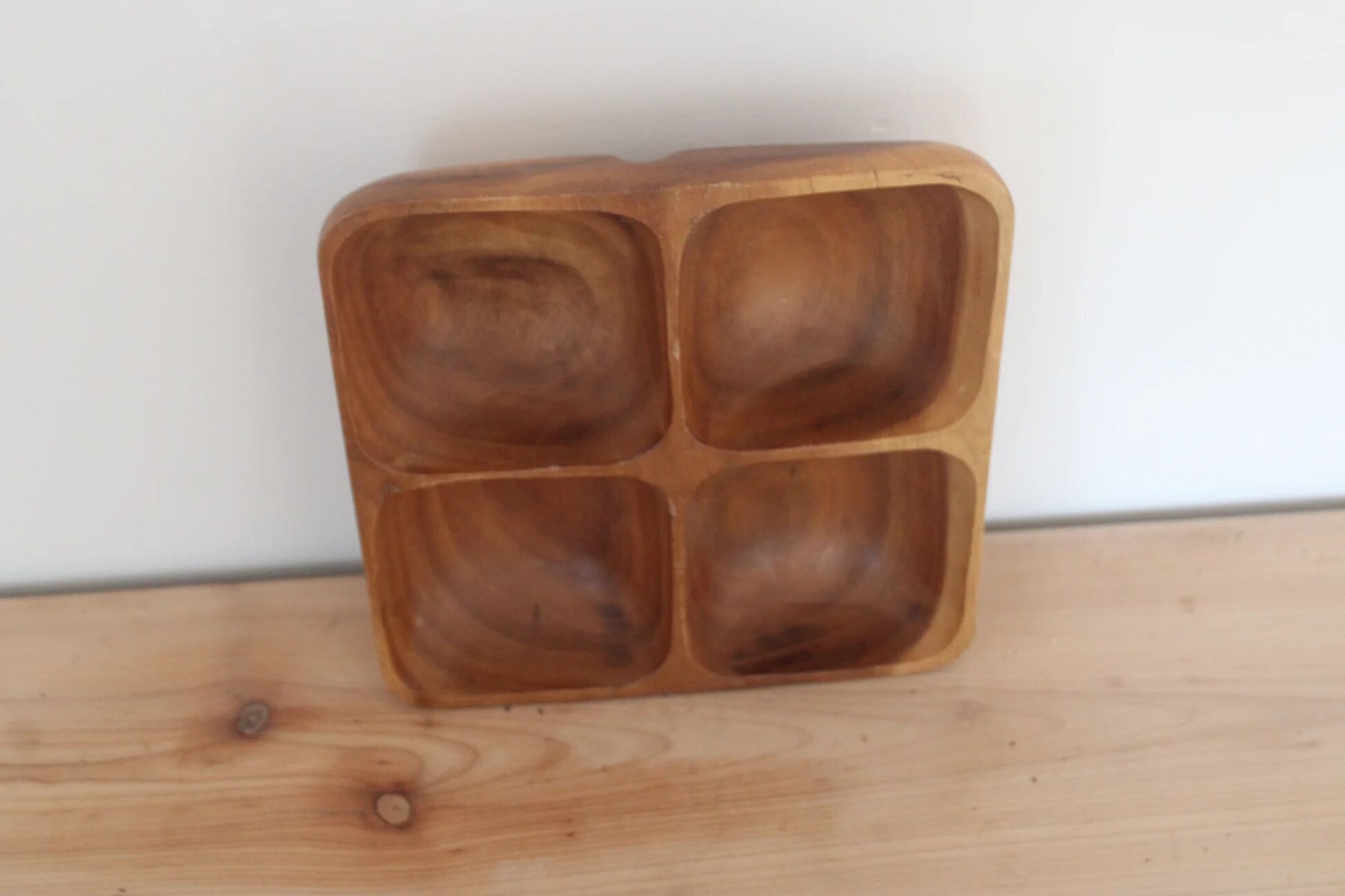 Vintage exotic wood aperitif platter – 4-compartment monkey pod style dish
