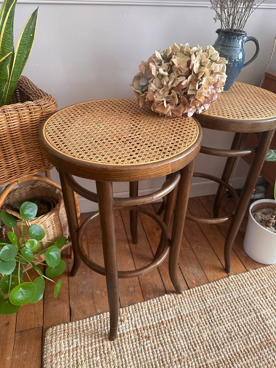 Wooden and cane bistro bar stools