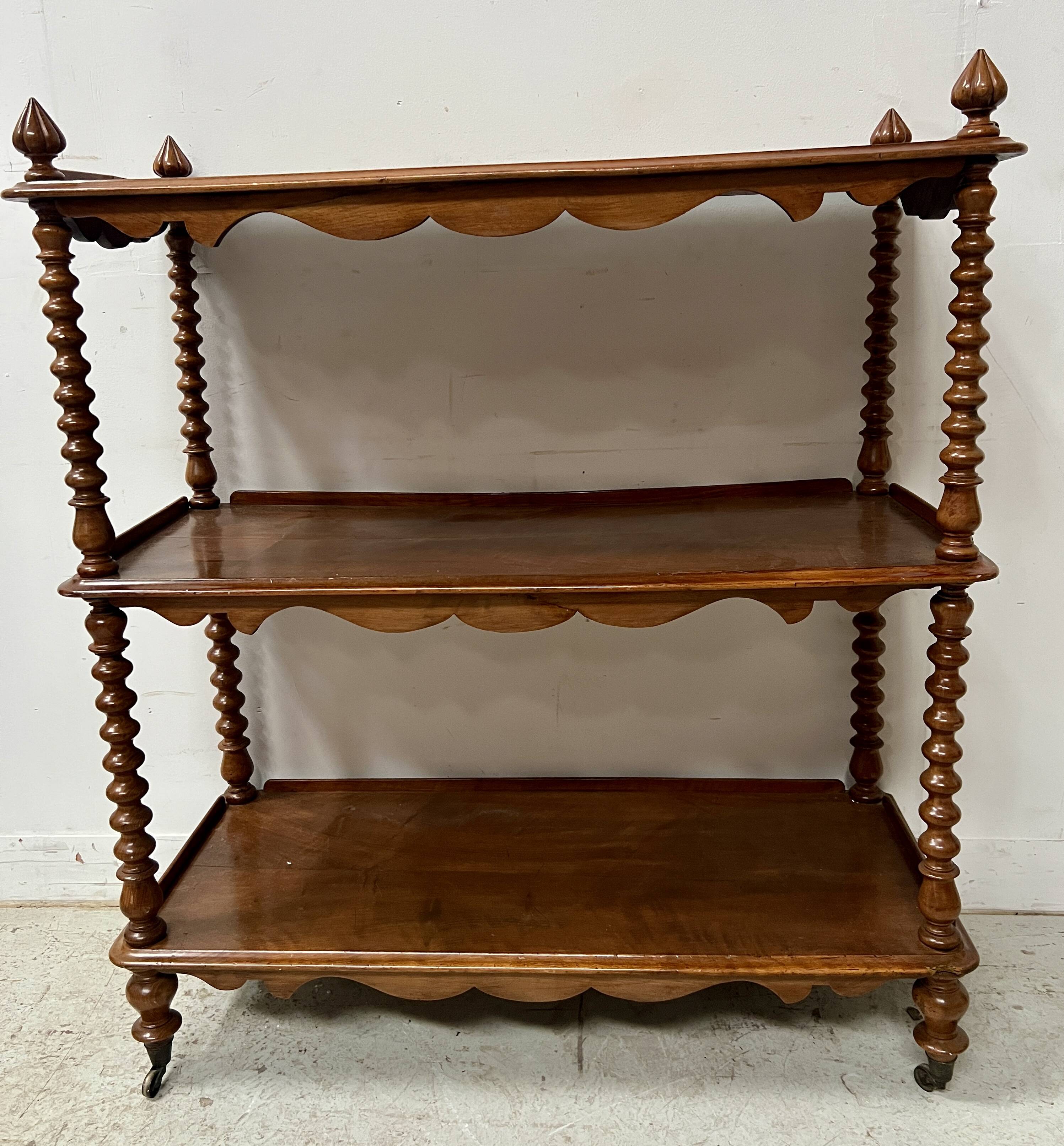 Napoleon III console table with three shelves in mahogany and veneer, 19th century