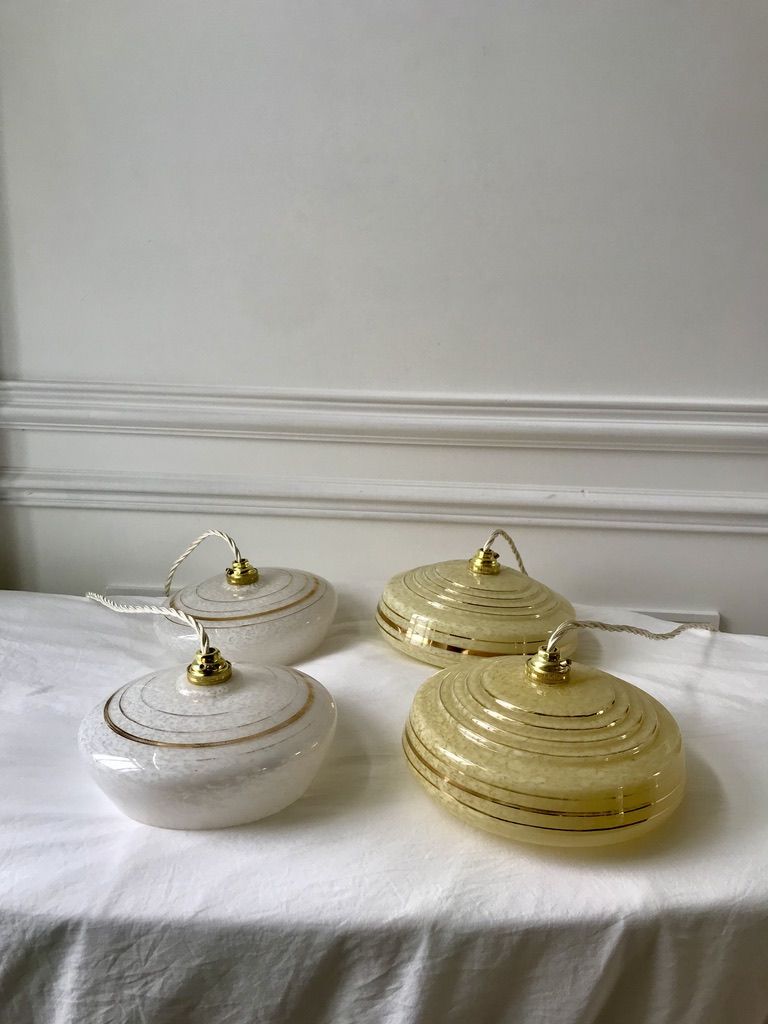 Pair of suspensions in white Clichy glass and golden edging 40s-50s