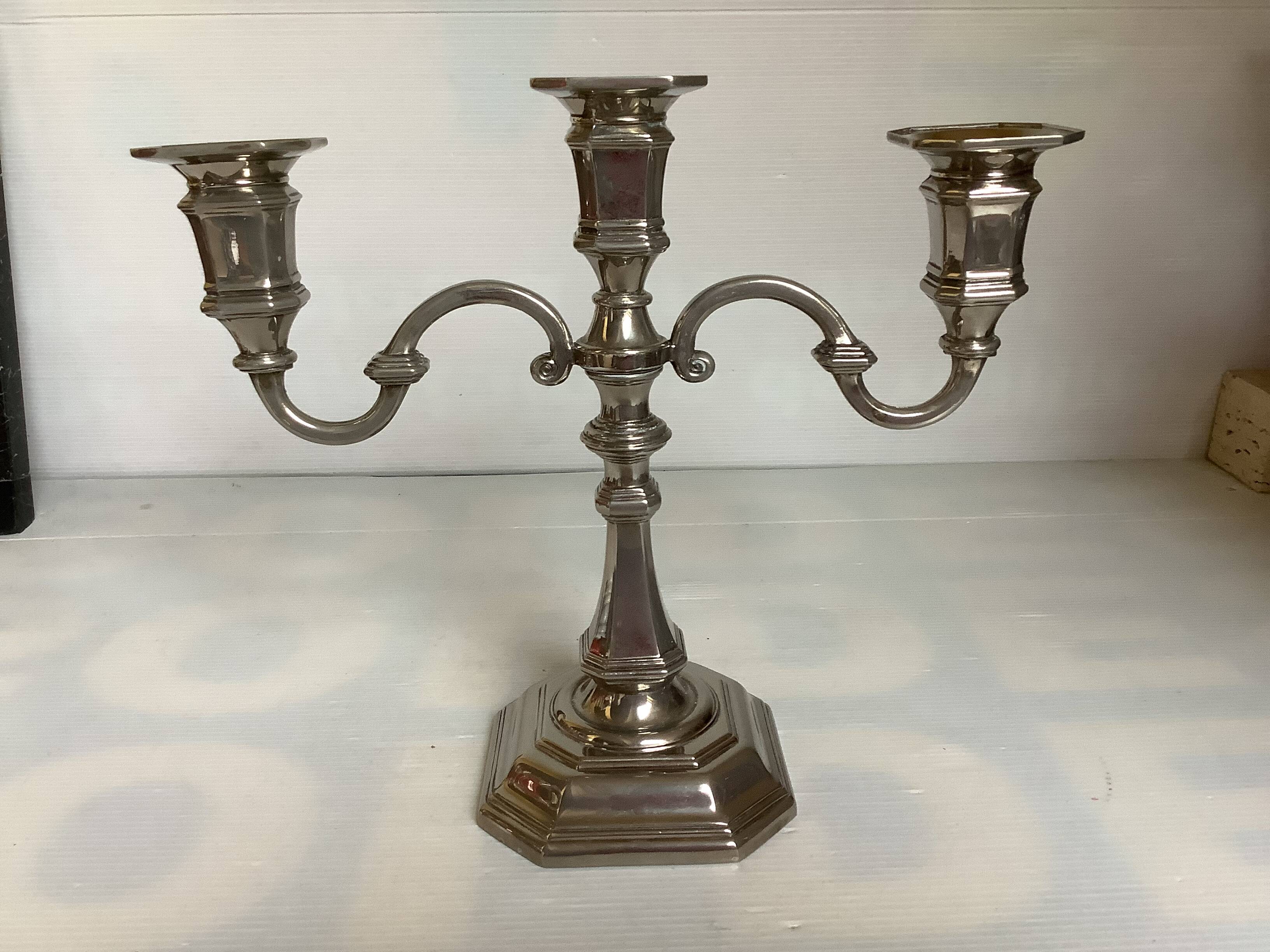 Large silver-plated metal three-light candlestick