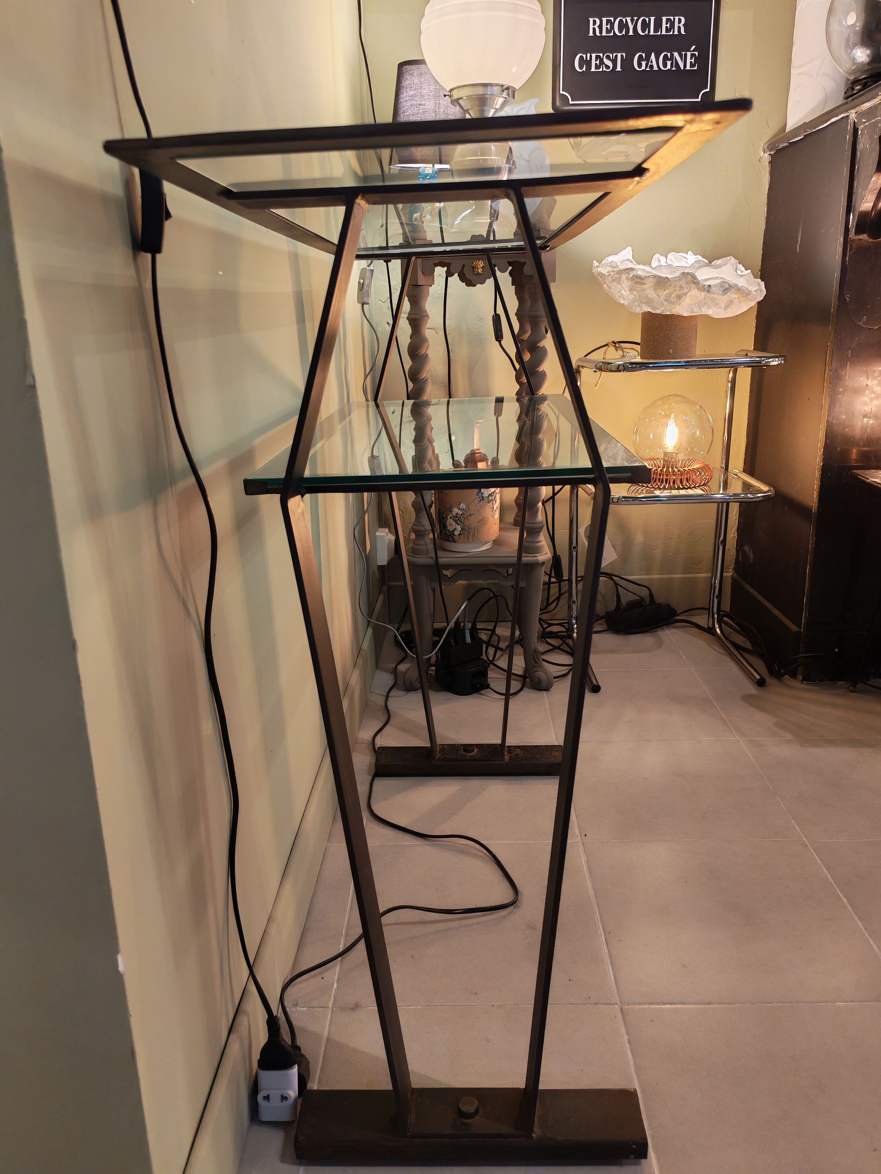 Vintage metal and glass console