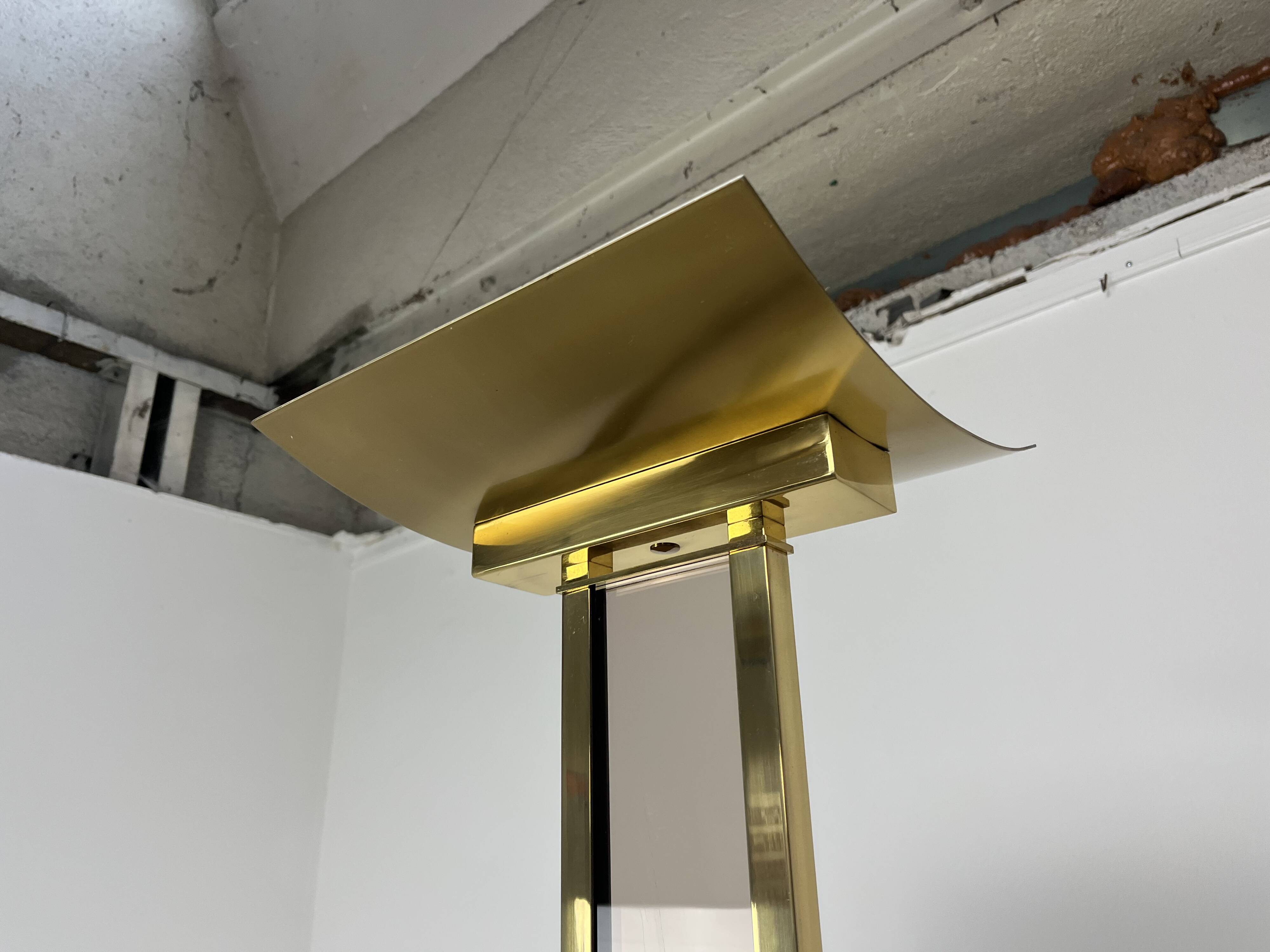 70s floor lamp in brass and smoked plexiglass, Hollywood Regency