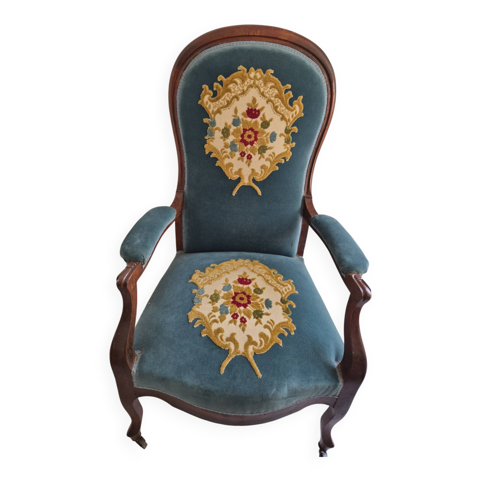 Napoleon III medallion armchair — blue velvet and cross-stitch tapestry