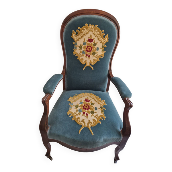 Fauteuil médaillon Napoléon III — velours bleu et tapisserie point de croix — Beyit
