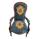 Fauteuil médaillon Napoléon III — velours bleu et tapisserie point de croix
