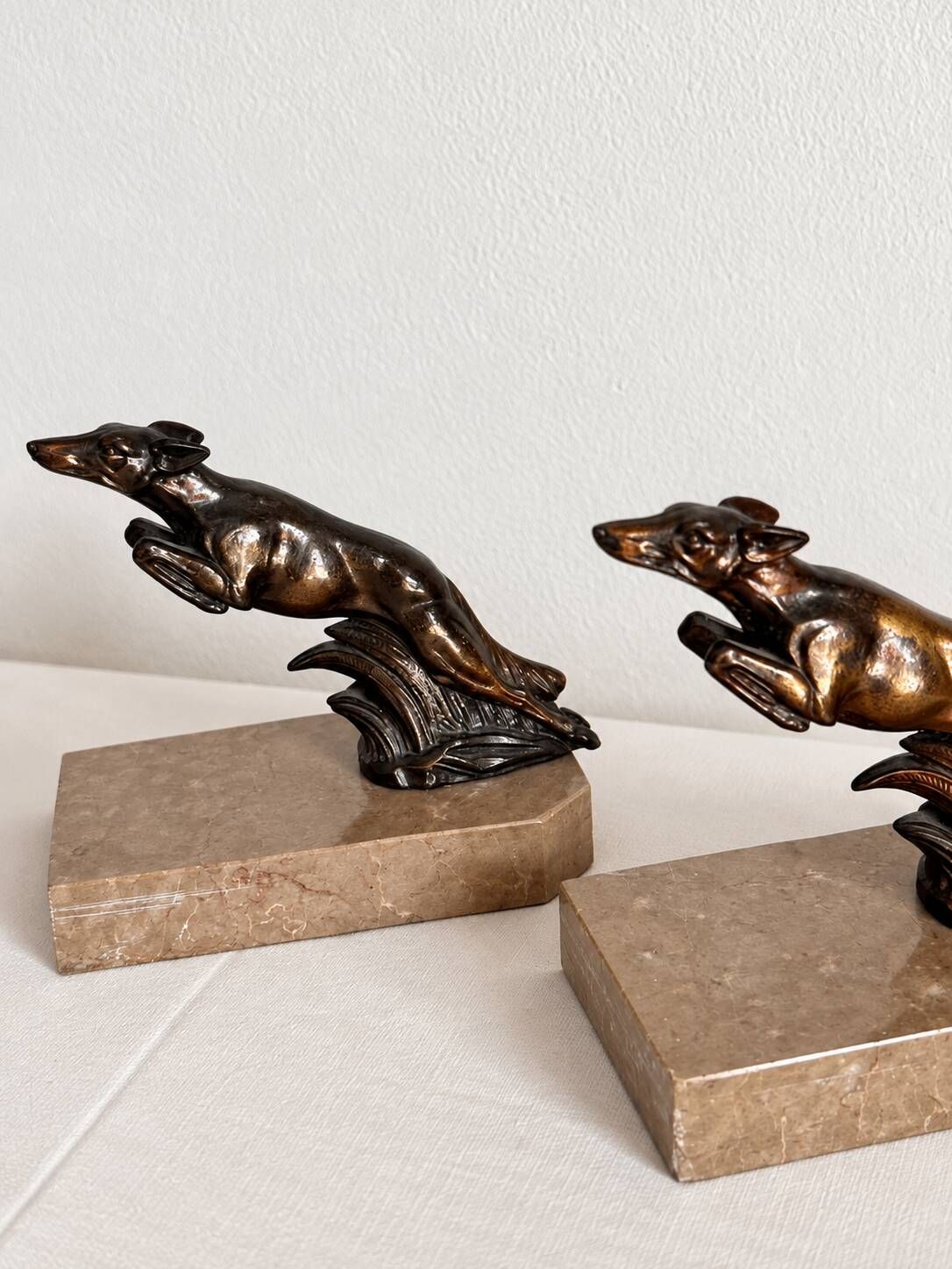 Marble and bronze metal bookends, Art Deco, greyhound, bookshelf.