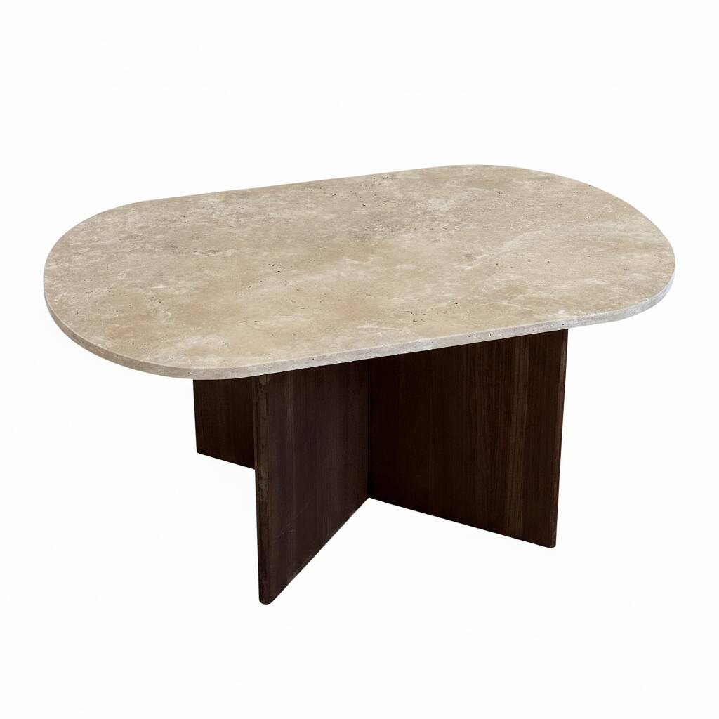 Oval coffee table in travertine and dark oak.