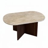 Oval coffee table in travertine and dark oak.