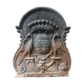 18th-century cast iron chimney plate - crowned lion coat of arms and birds