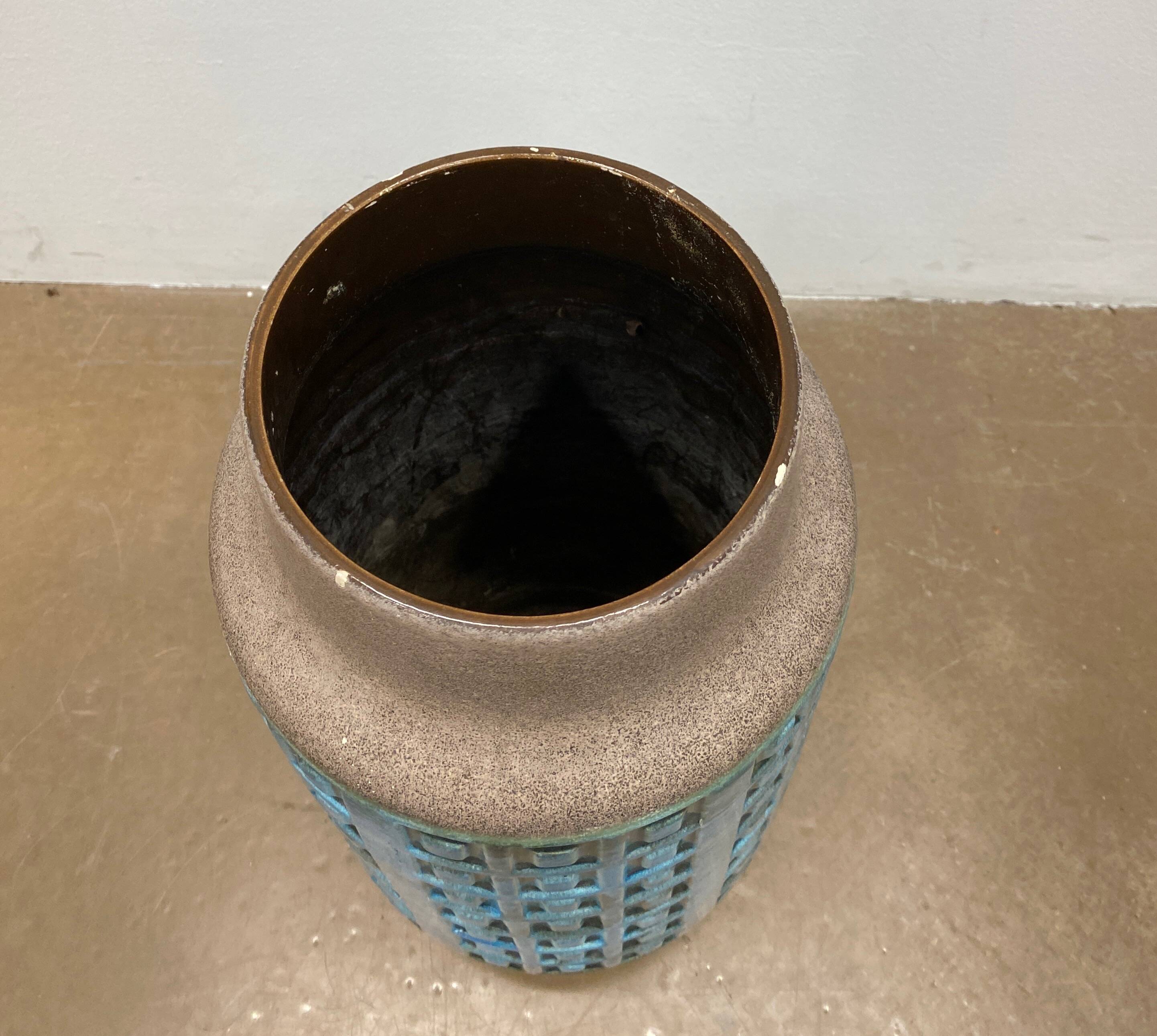 Large blue ceramic mid-century modern vase with graphic pattern