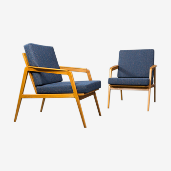 Pair of chairs renovated in beech blue fabric by Drevotex, vintage czech 1960s