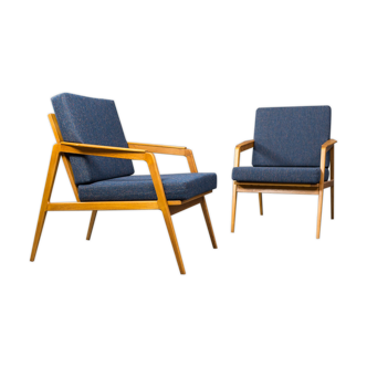 Pair of chairs renovated in beech blue fabric by Drevotex, vintage czech 1960s