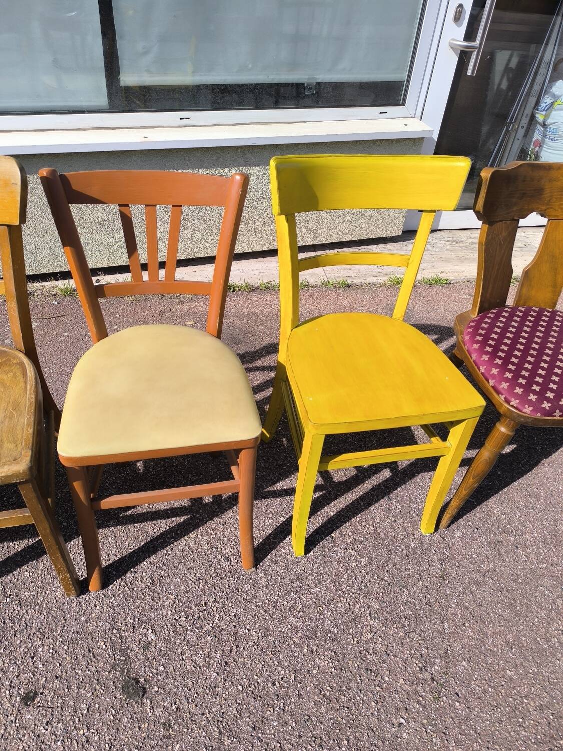 Set of 6 mismatched vintage wooden bistro chairs