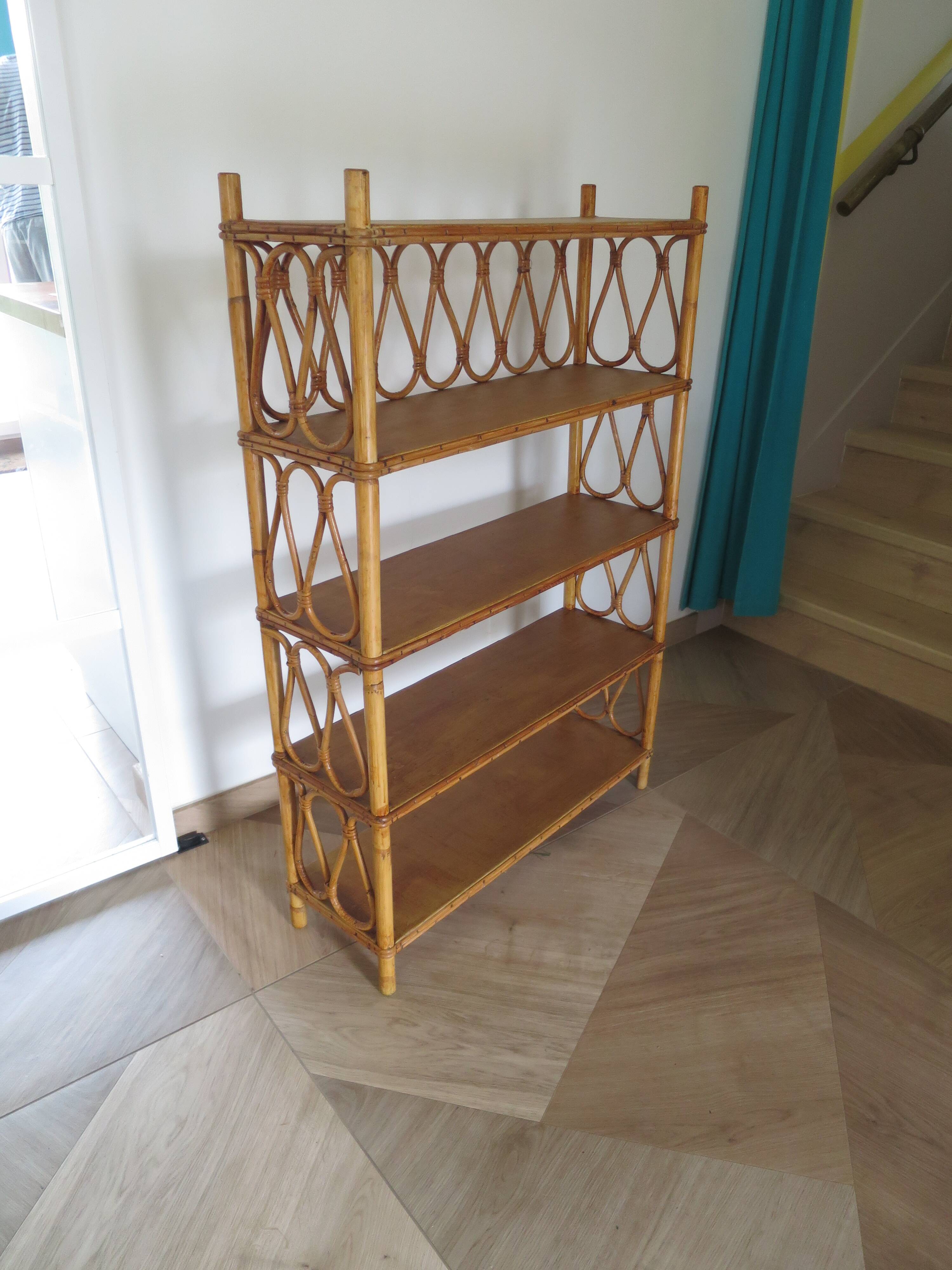 Wooden and rattan bookcase, 1970s-1980s