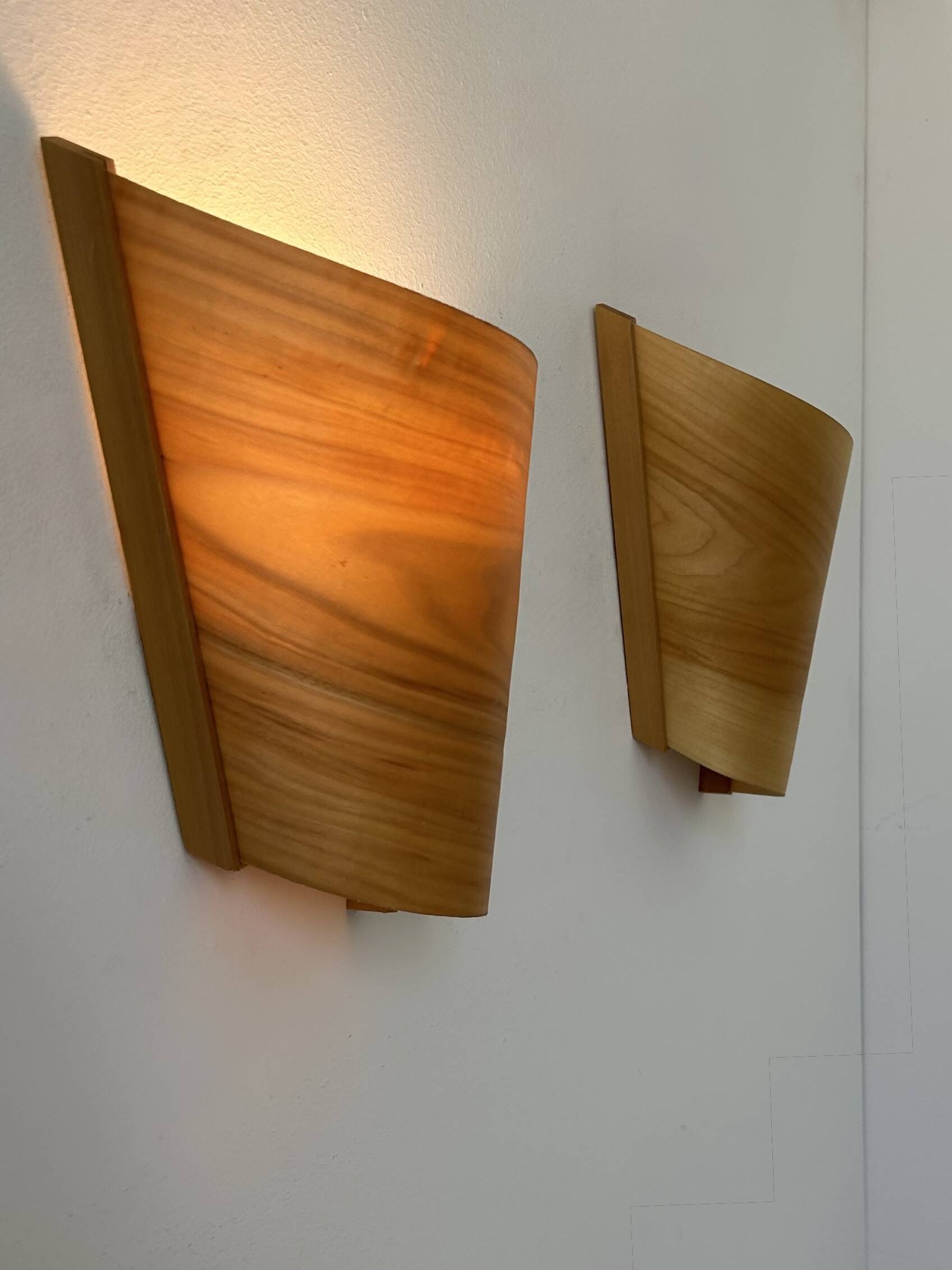Pair of vintage wall lights, pine slats, France, 1970.