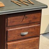 Modernist desk in wood and green moleskin upholstery