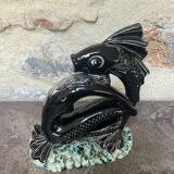 Sculpture poisson vintage céramique barbotine noir ancien art déco XXème